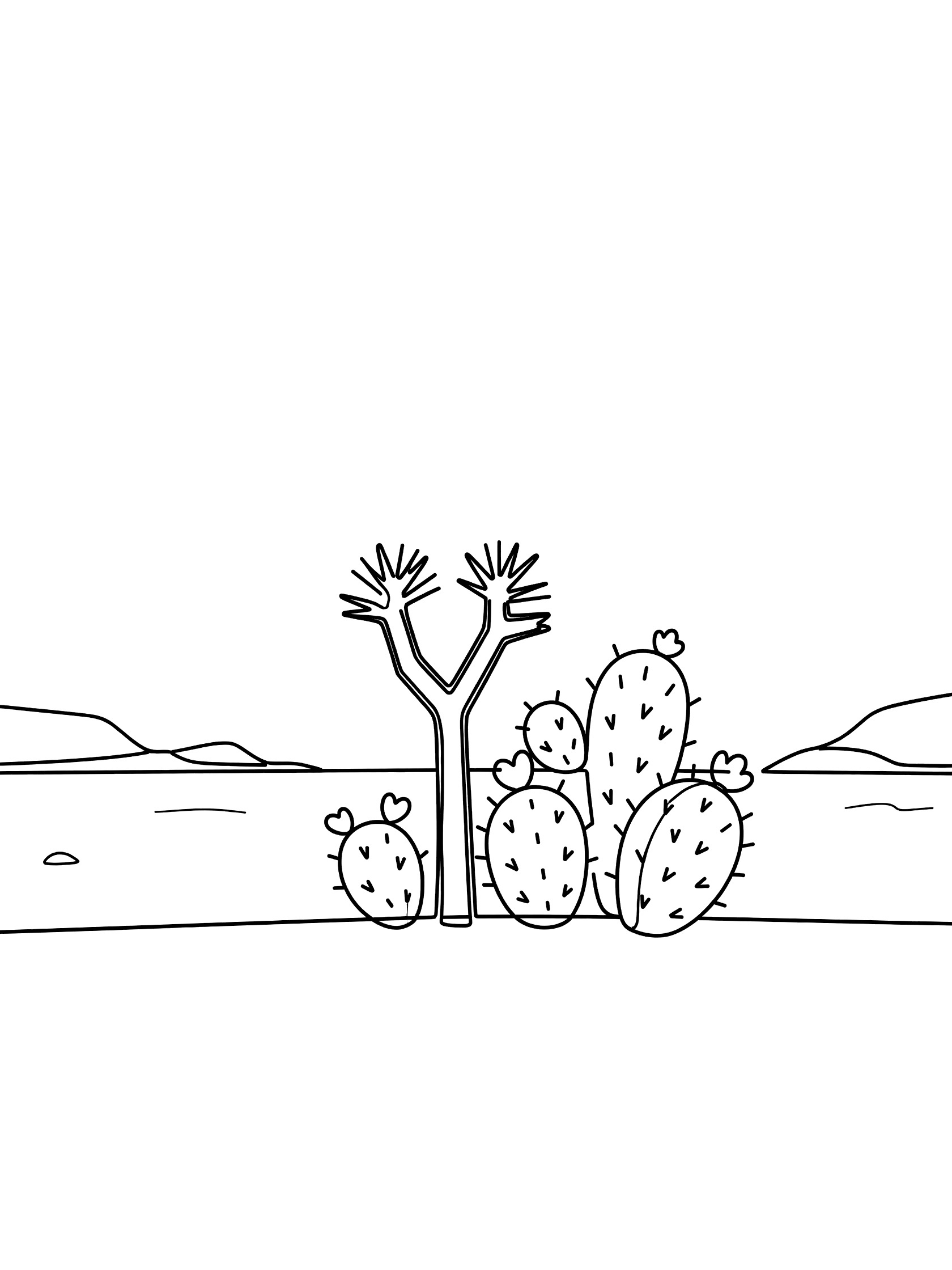 Black and white line drawing of a small Joshua tree sprout with spiky branches next to round prickly cacti in a desert scene with distant hills.