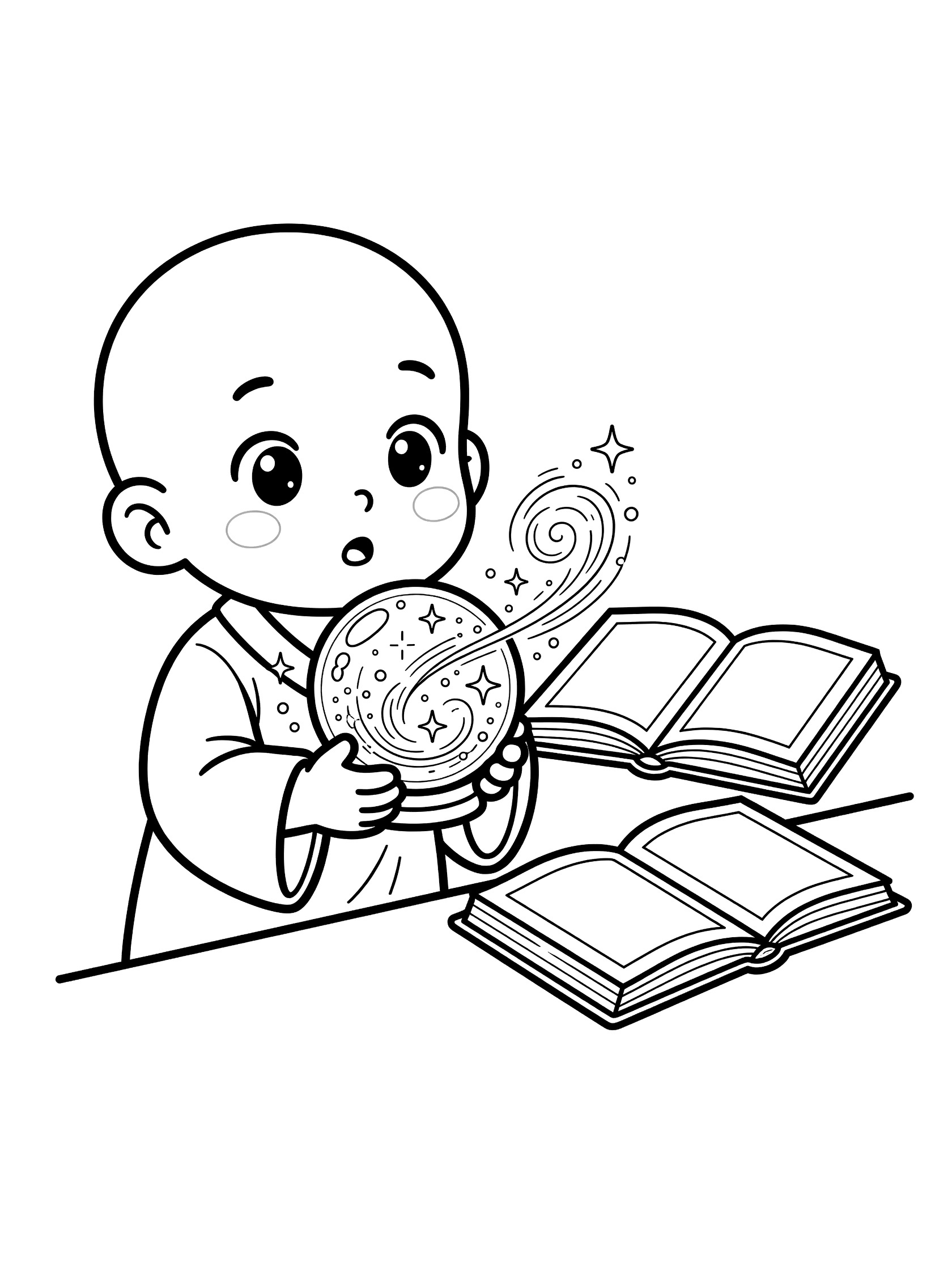 Cute kawaii style coloring page showing a bald young monk in robes holding a crystal ball with sparkles and swirls inside, big wonder eyes, and an open spellbook on a table.