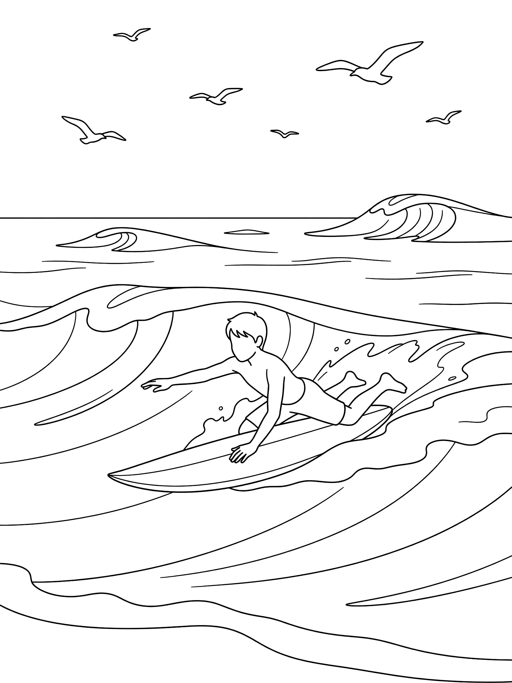 Line art coloring page showing a boy surfer paddling on a short surfboard in the ocean with waves, seabirds, and horizon.
