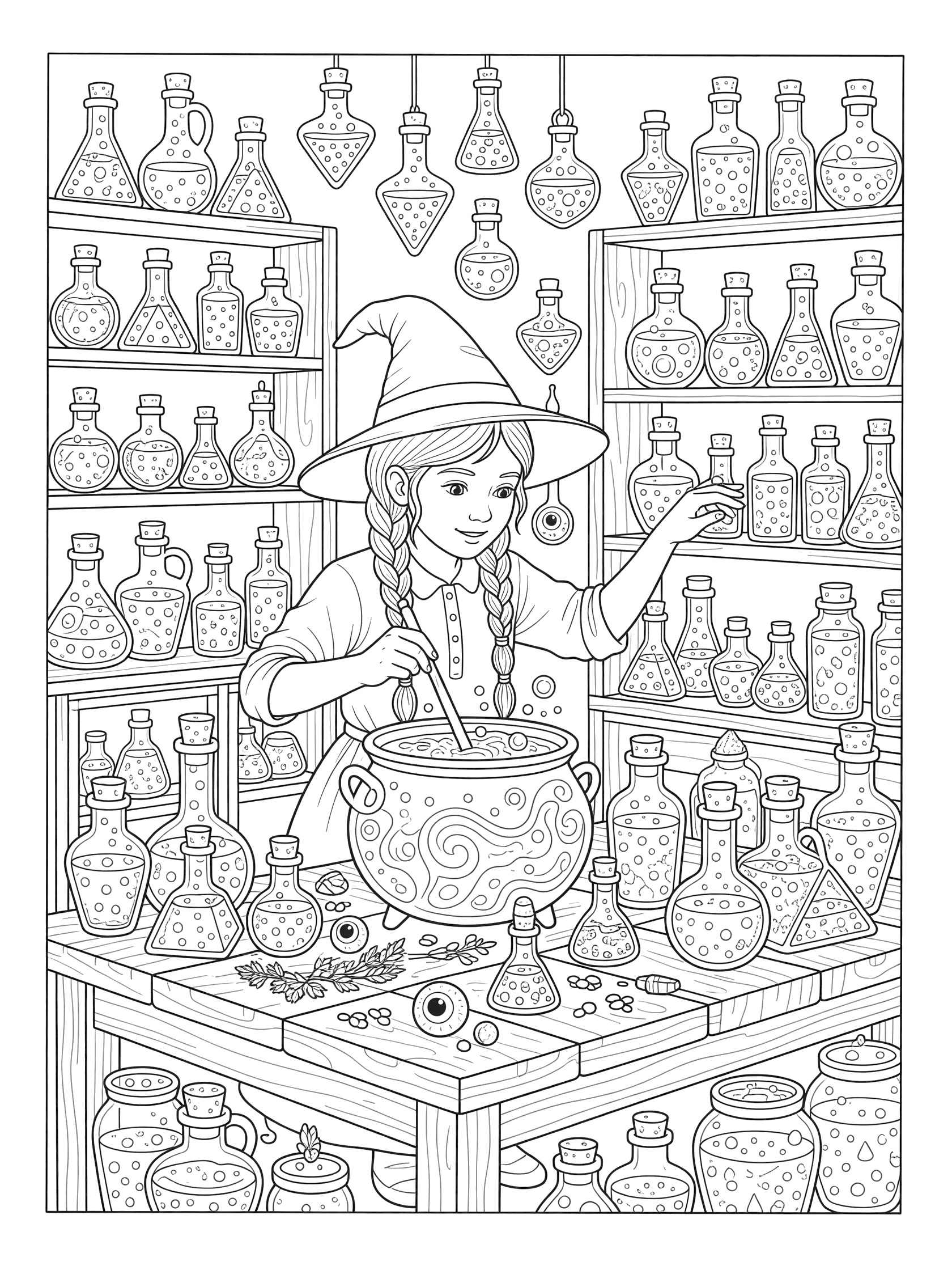 Young witch stirring bubbling cauldron on cluttered table with potion bottles and jars, black and white line art coloring page