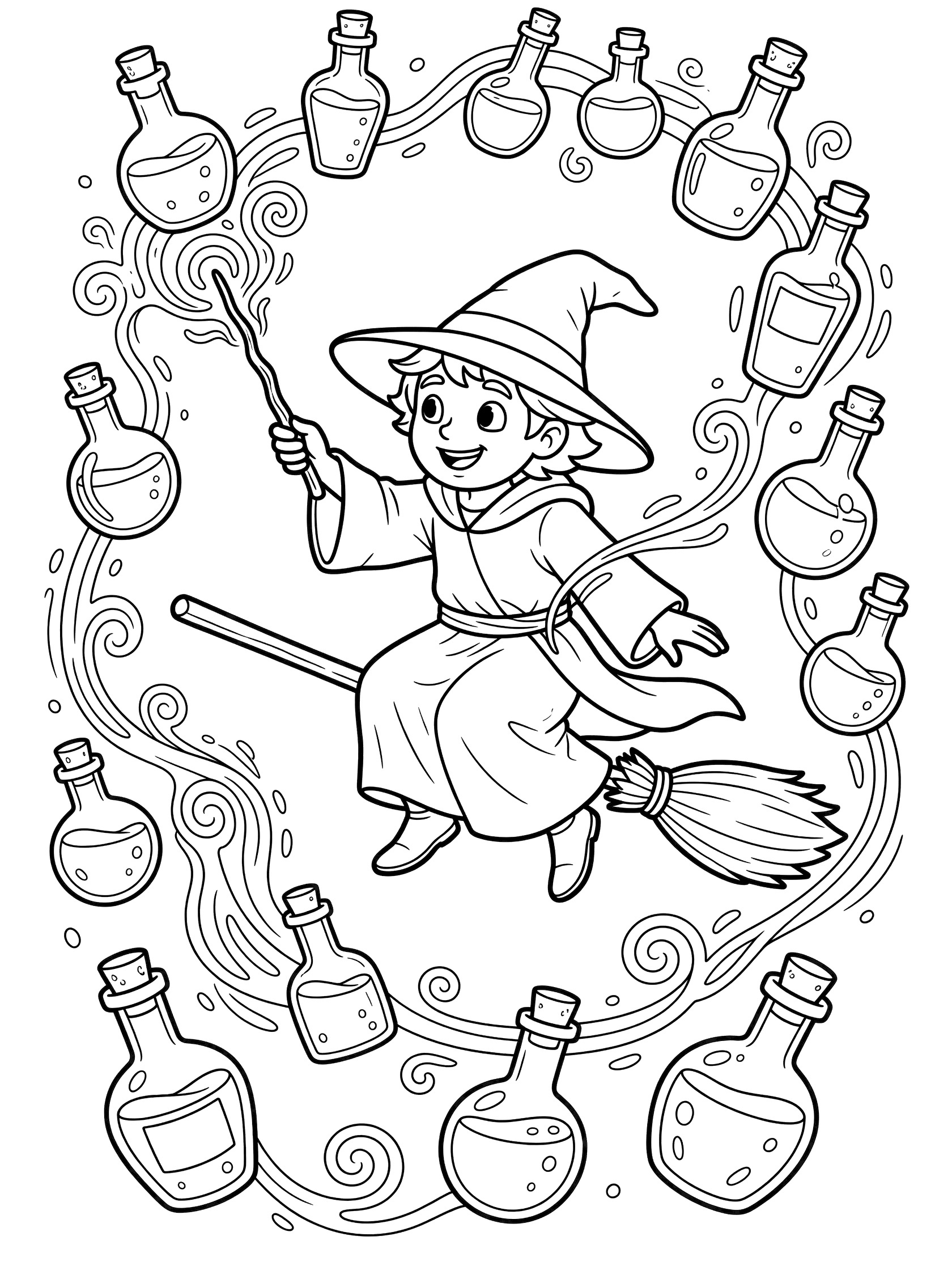 Black and white line art coloring page showing a cartoon young wizard in robe and hat flying on a broomstick, holding a wand, surrounded by floating potion bottles and swirling magic lines.