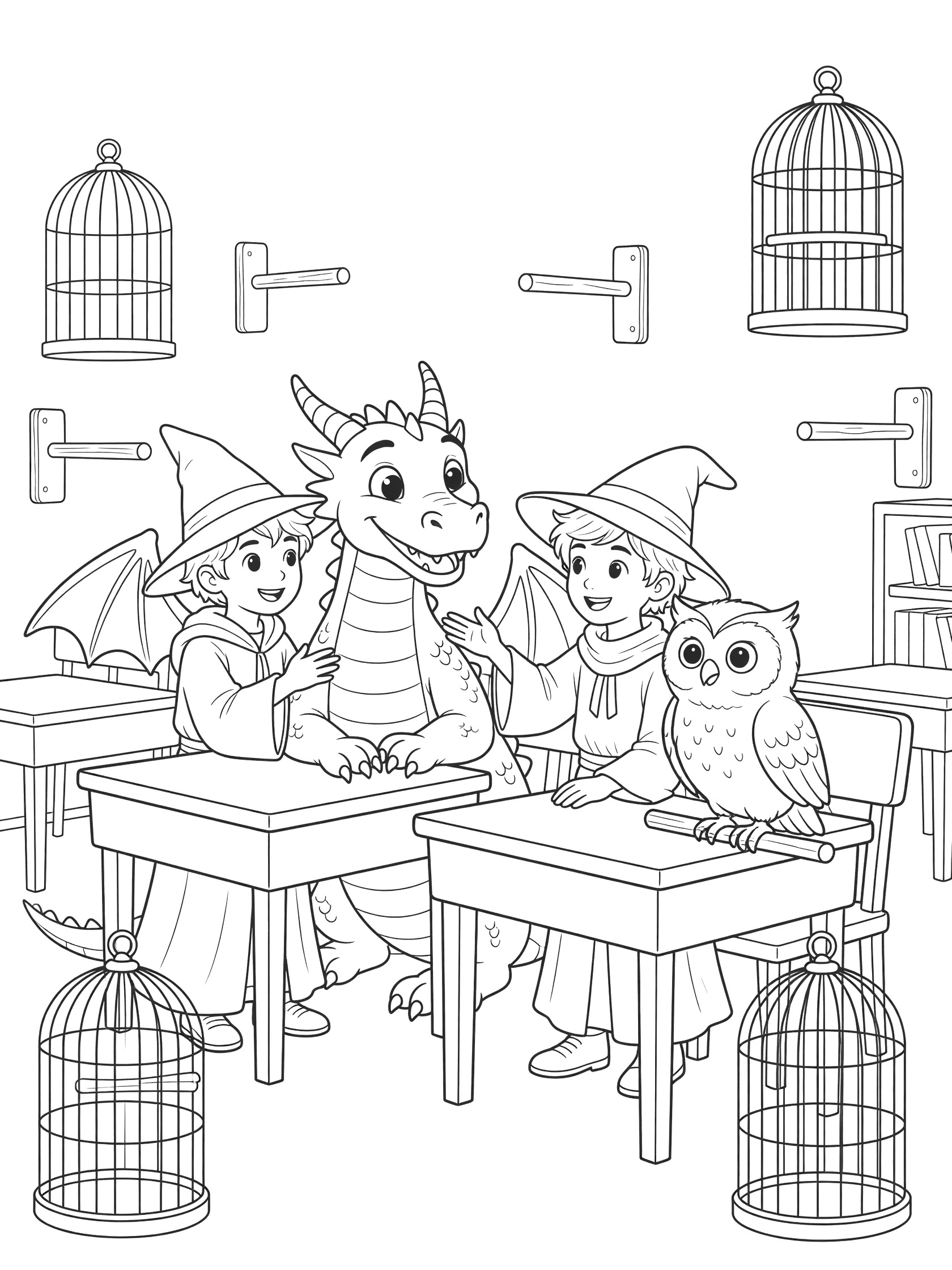 Black and white line art coloring page showing two young wizards in pointy hats gently petting a smiling dragon and owl on desks in a classroom with bird cages hanging around. Wizard School themed black and white printable line art