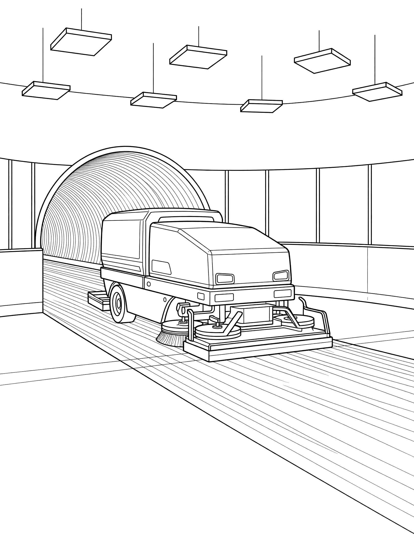 Black and white coloring page showing a geometric Zamboni driving from a curved rink tunnel onto smooth ice with brushes and tank visible, arena lights overhead and rink boards around.