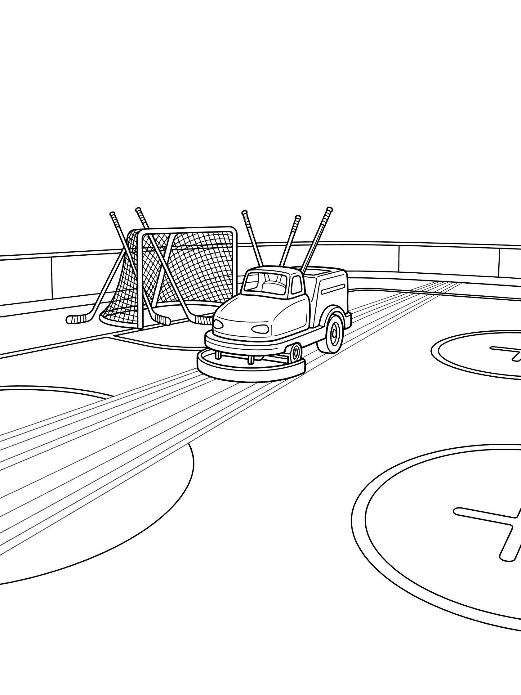 Black-and-white coloring page of a Zamboni machine near a hockey goal with sticks leaning on the net and ice rink lines.