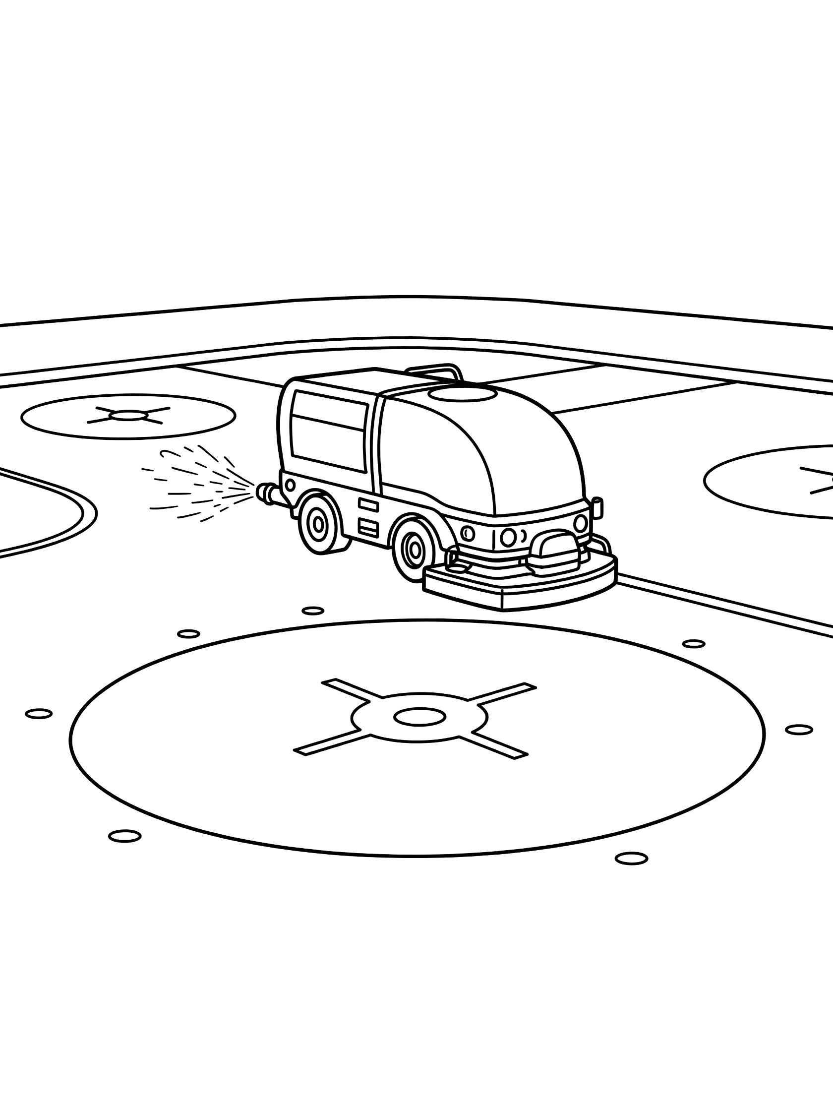 Black and white coloring page of a Zamboni spraying water on hockey rink ice with face-off circle and dots