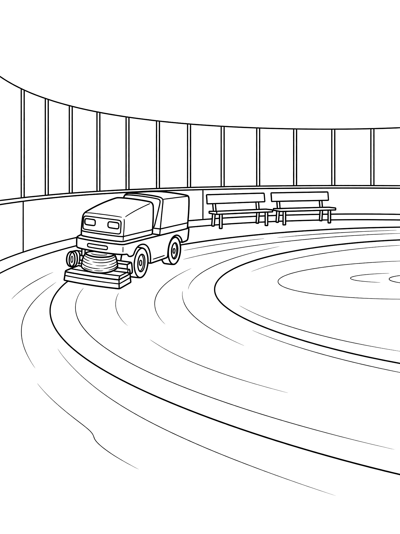 Black-and-white coloring page of a Zamboni vehicle turning sharply at the edge of a hockey rink, leaving a smooth resurfaced ice path behind it, with plexiglass boards and benches nearby.