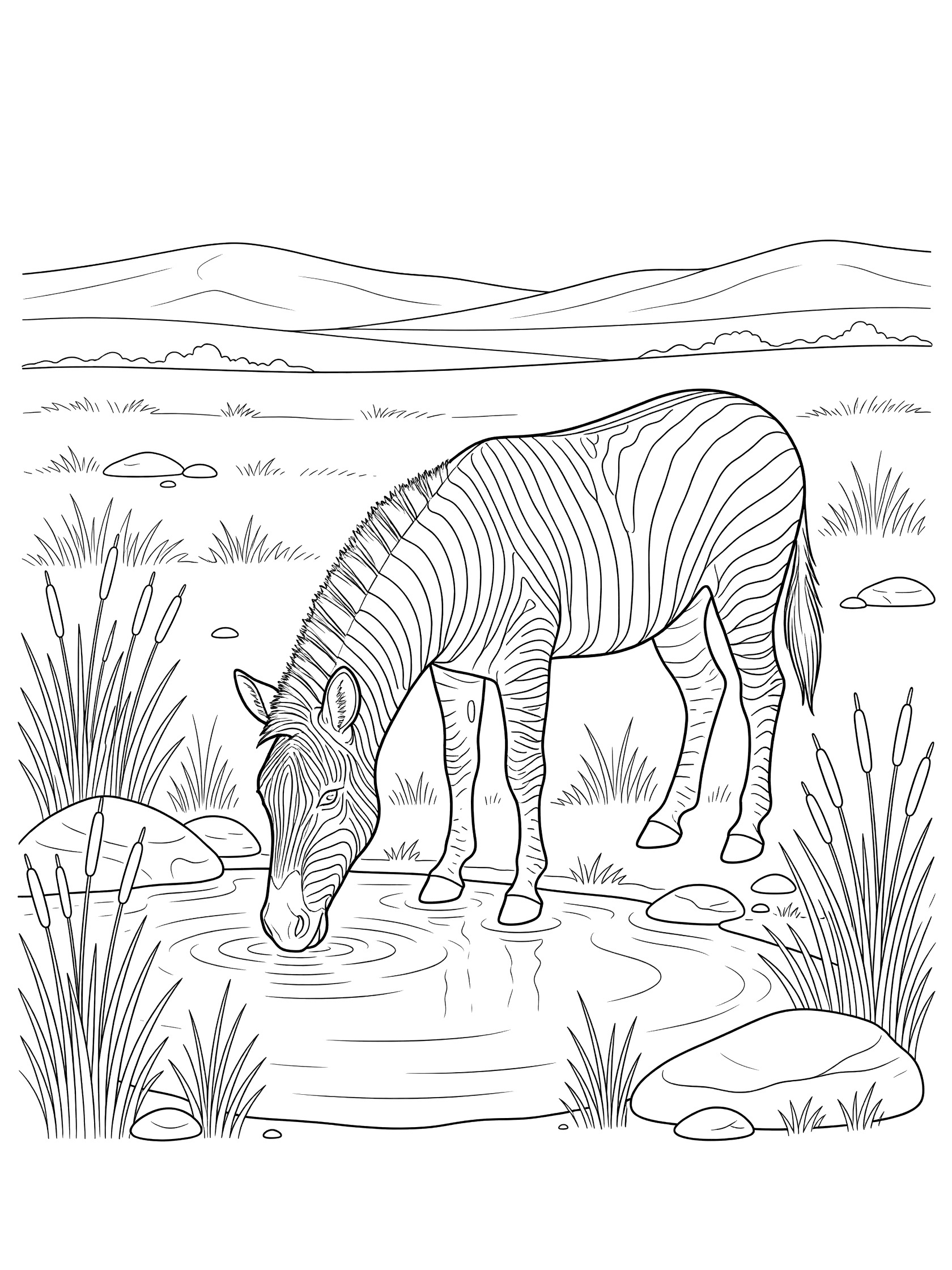Black and white coloring page of a zebra bending down to drink water from a pool surrounded by tall reeds, rocks, and distant hills