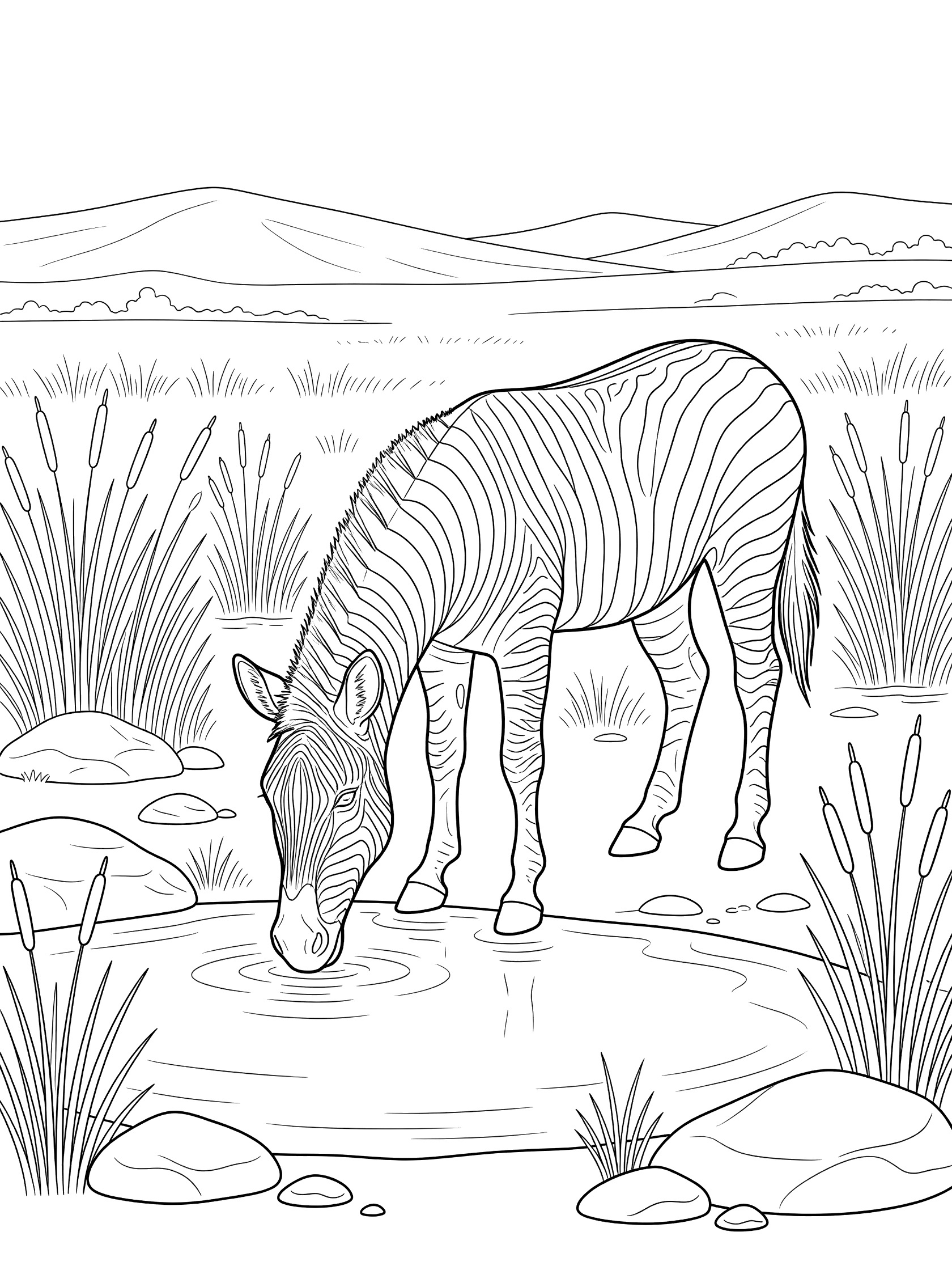 Black and white line art coloring page of a zebra bending down to drink from a pond surrounded by tall reeds, rocks, and distant hills.