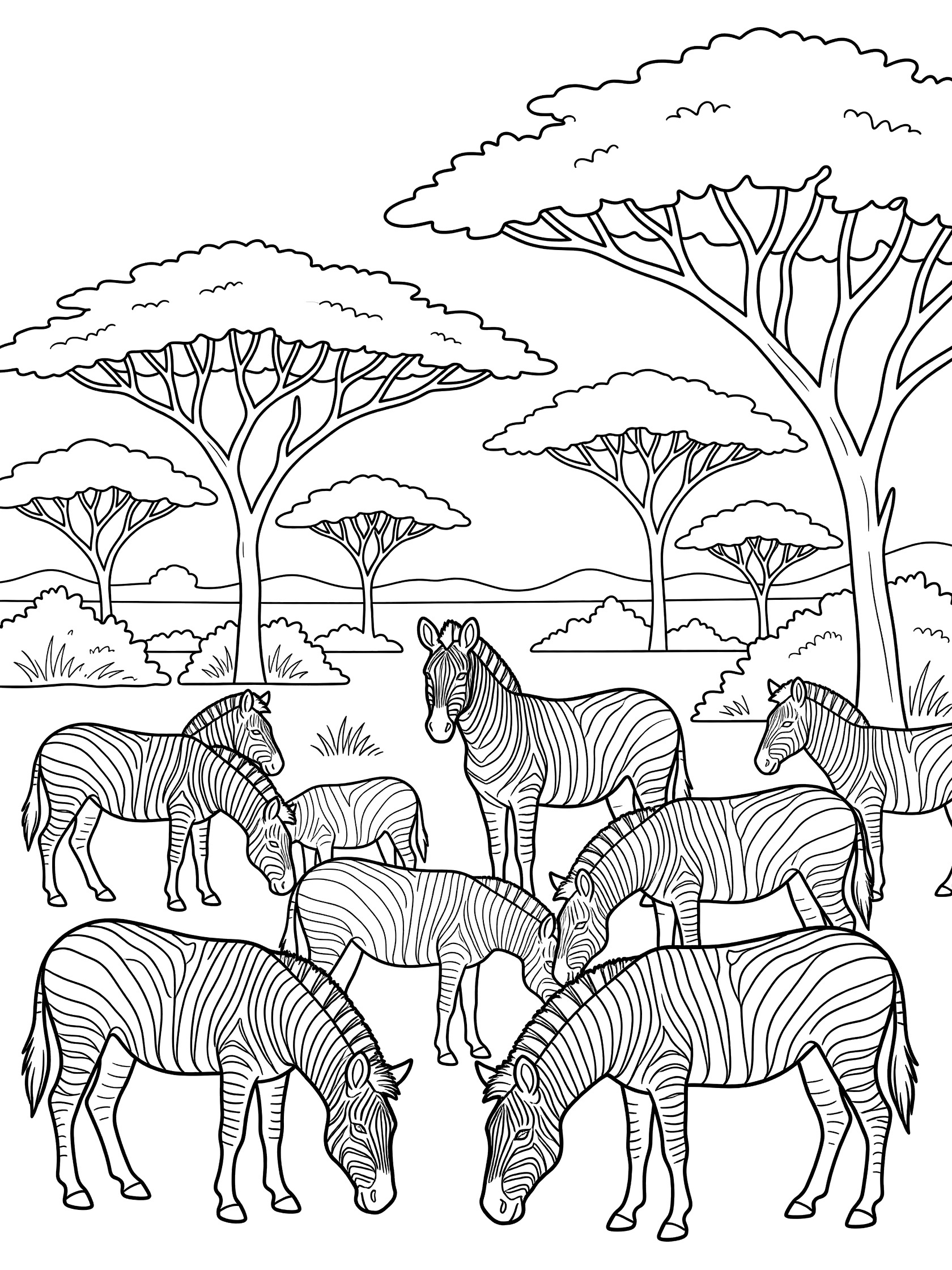 Black and white coloring page of a herd of zebras standing and grazing near tall acacia trees and bushes on a white background. African Jungle themed black and white printable line art