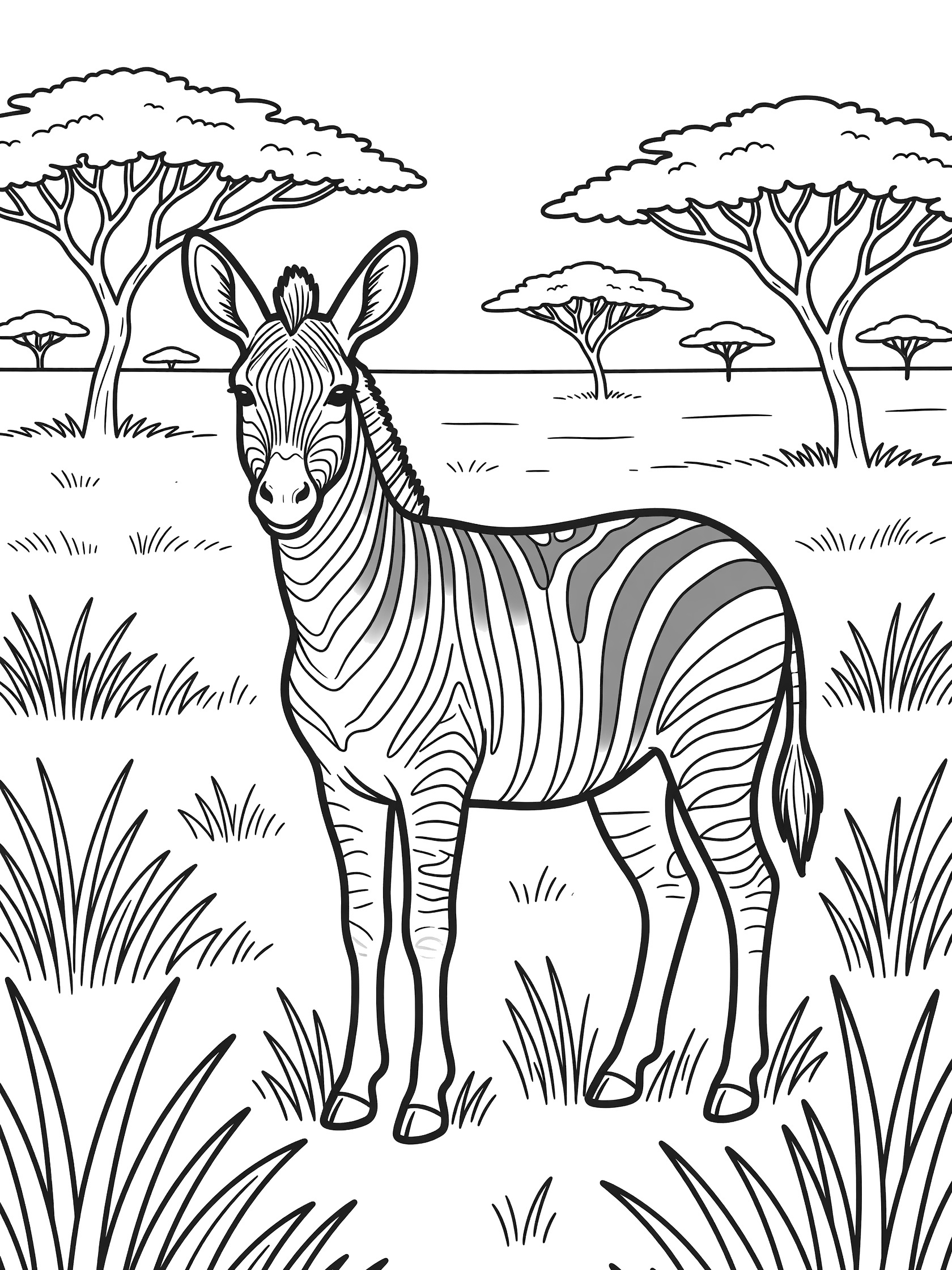 Black and white line art coloring page showing a zebra with stripes standing calmly in tall savanna grass, acacia trees in background. Quagga themed black and white printable line art