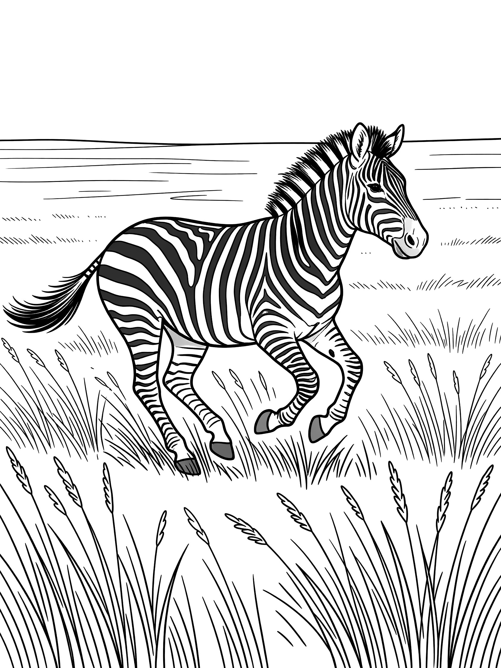 Black and white line art coloring page showing a zebra running with stripes, flowing mane and tail, through swaying tall grass on white background