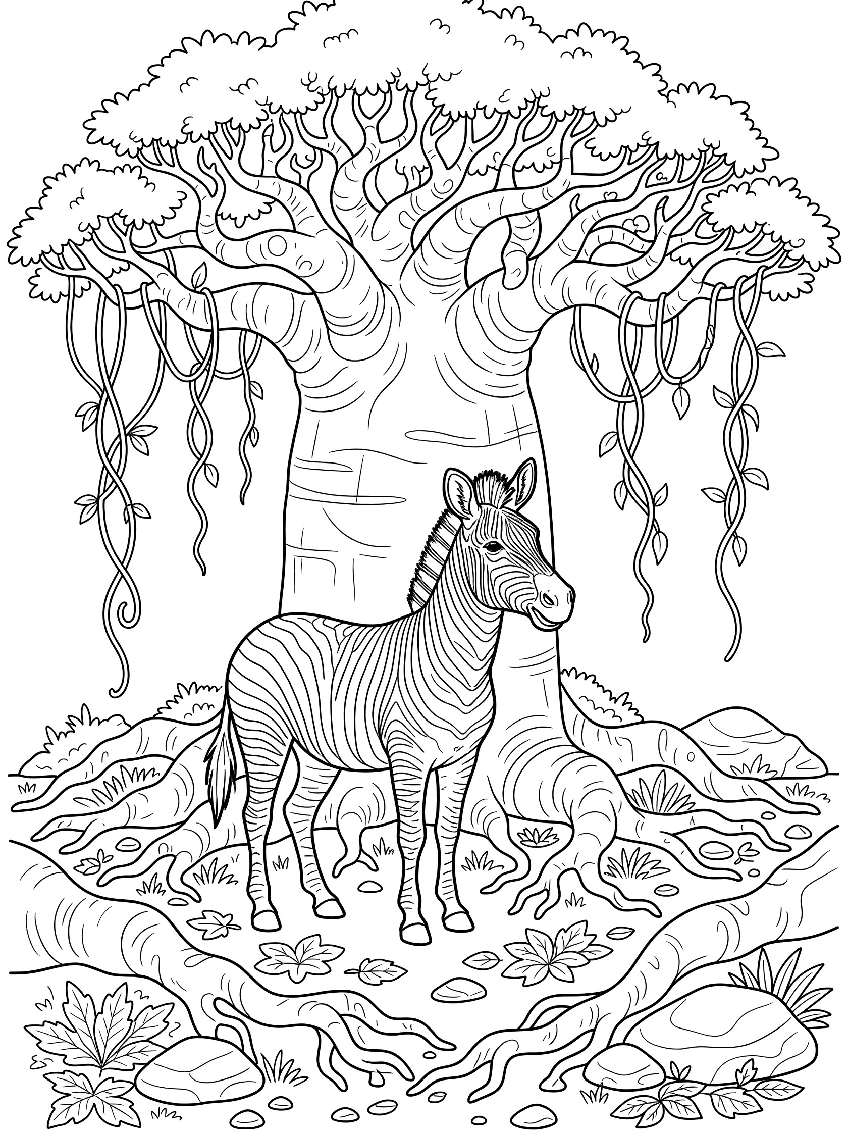 Black and white line art coloring page showing a zebra with stripes standing under a massive tree with thick trunk, twisting branches, dangling vines, exposed roots, scattered leaves and rocks.
