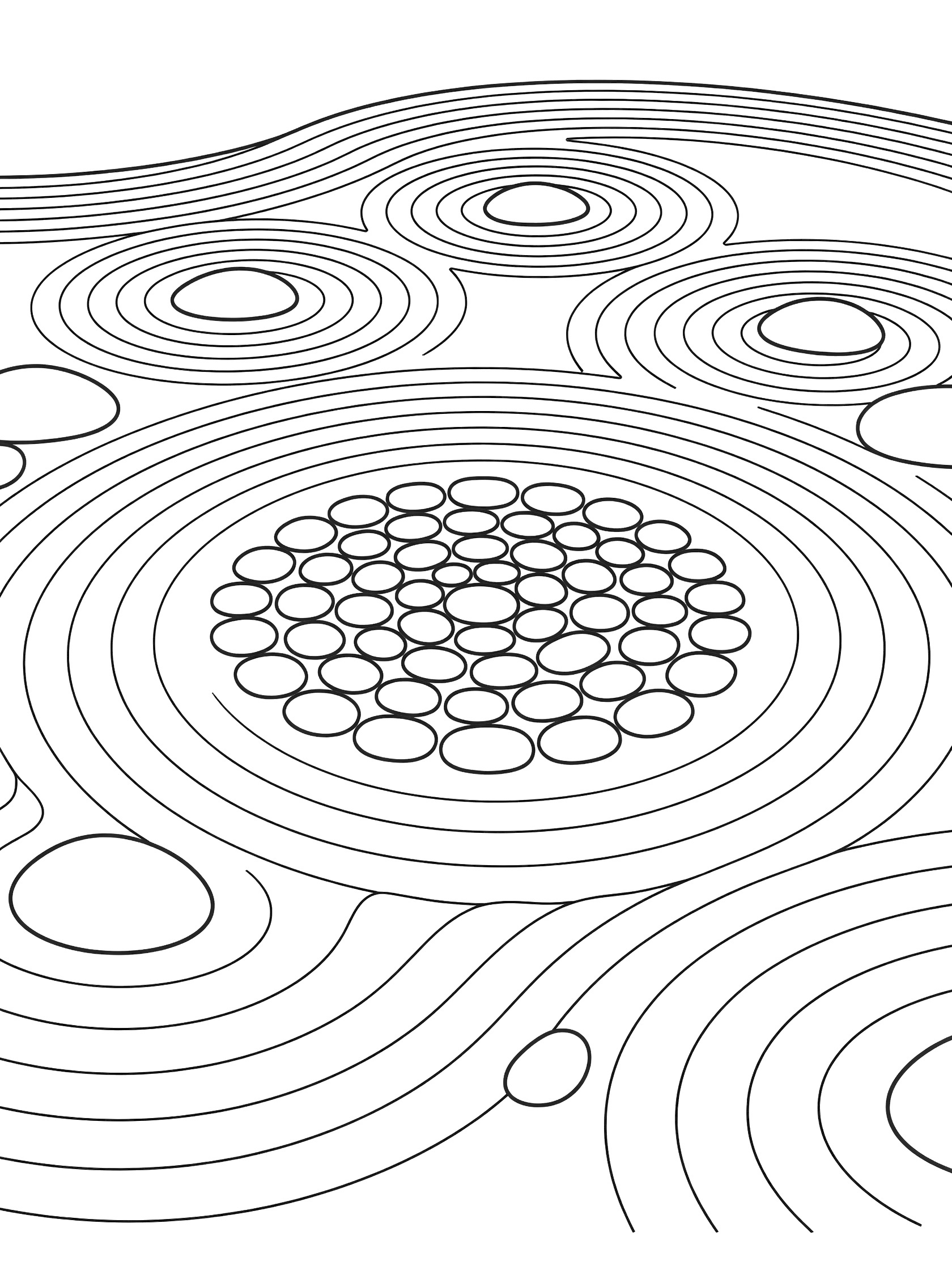 Simple line art coloring page of zen pebble garden mandala with smooth pebbles arranged in symmetric circles surrounded by curving raked sand patterns.