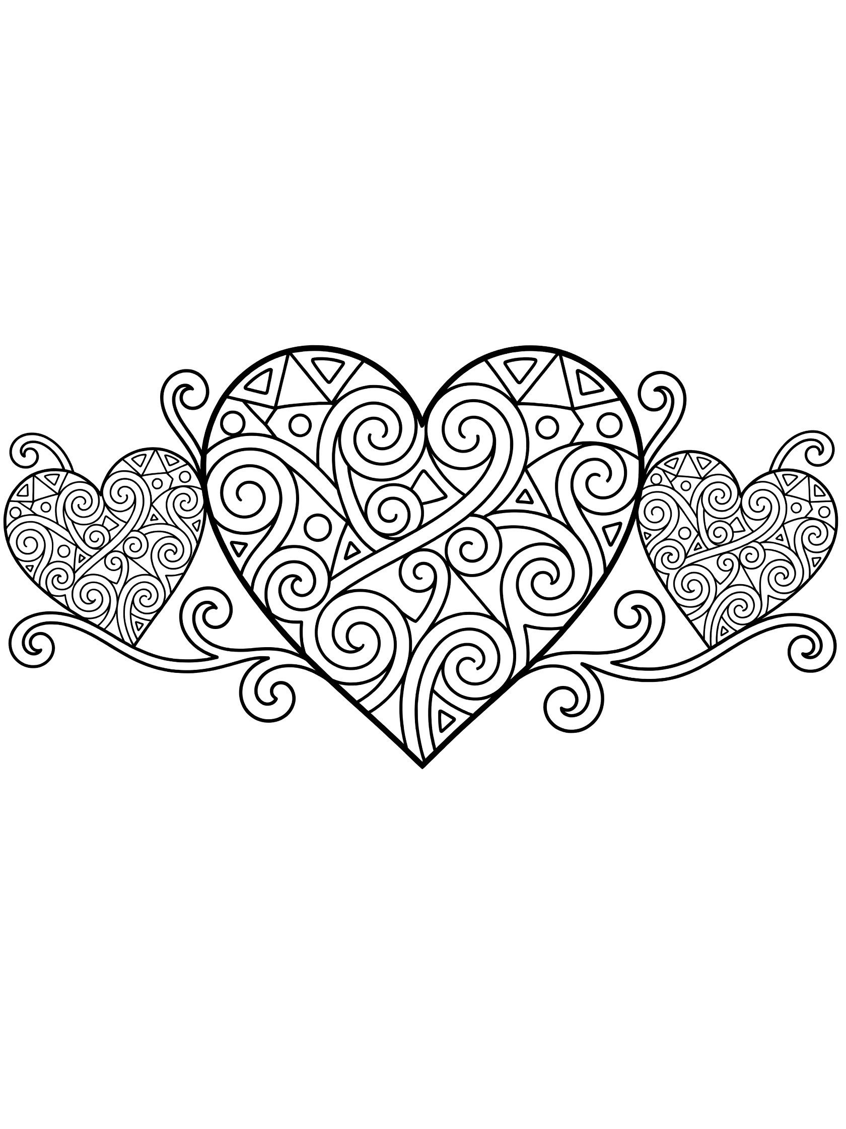 Zentangle-style Diva heart harmony line art coloring page featuring a large central heart with geometric patterns, two smaller hearts on sides, and flowing vine connections, all with bold black outlines.