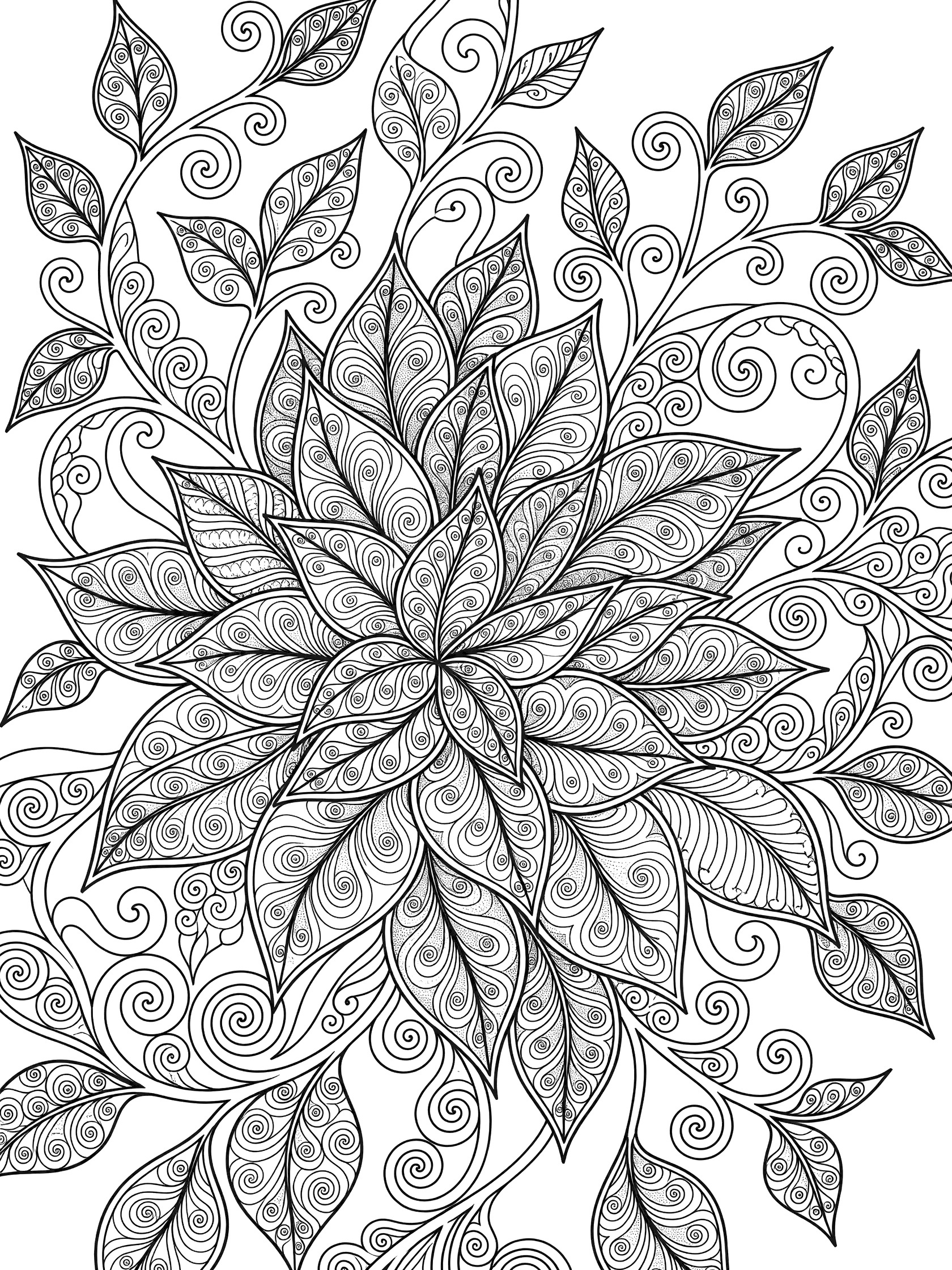 Black and white Diva Zentangle coloring page of a dense cluster of patterned leaves and curling vines with fine swirling details.