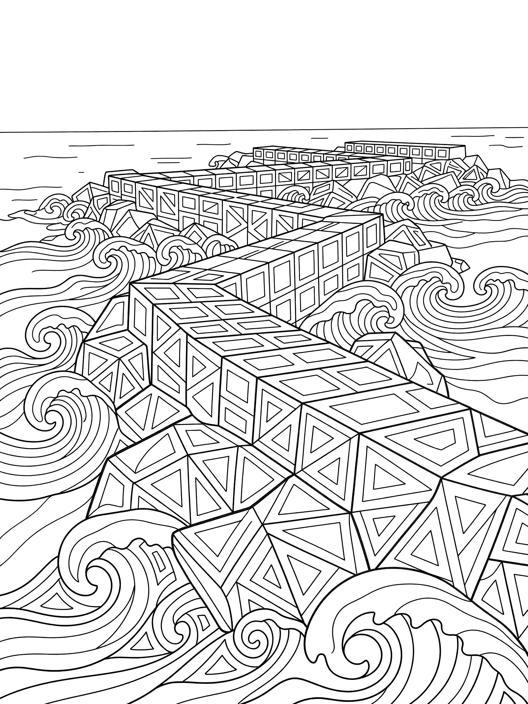 Zentangle-inspired coloring page showing breakwater jetties extending into the ocean with interlocking triangles, rectangles, wavy waves, and boulder patterns.