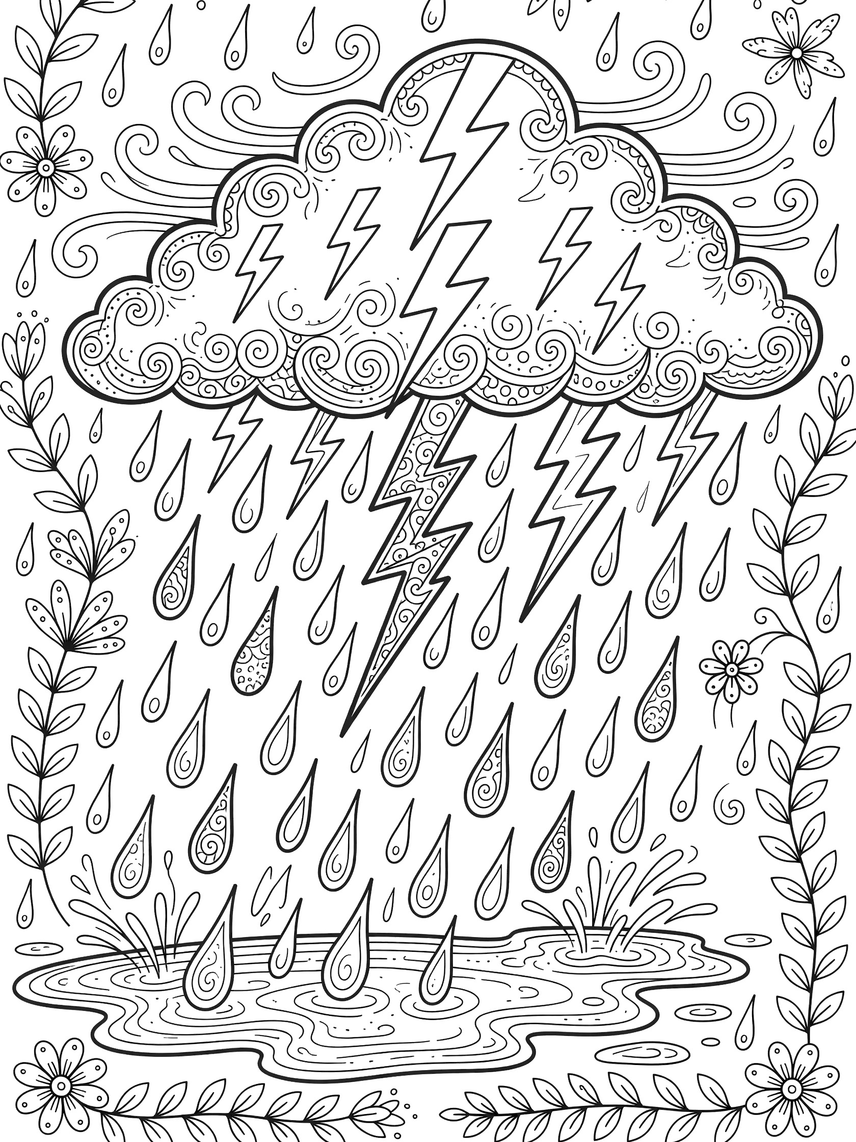 Black and white zentangle coloring page showing a large thundercloud bursting with raindrops, lightning zigzags, and intricate patterns, framed by rainy vines and flowers with puddles below.