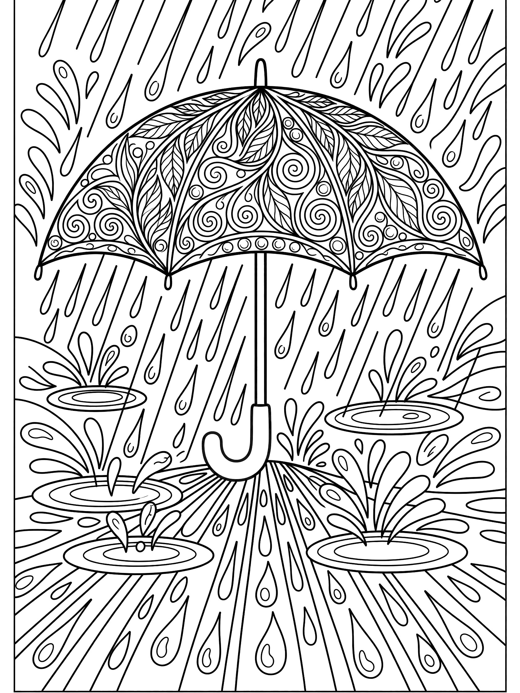 Intricate zentangle style coloring page featuring a large central umbrella with repeating leaf and vine motifs under cascading rain lines and splash puddles