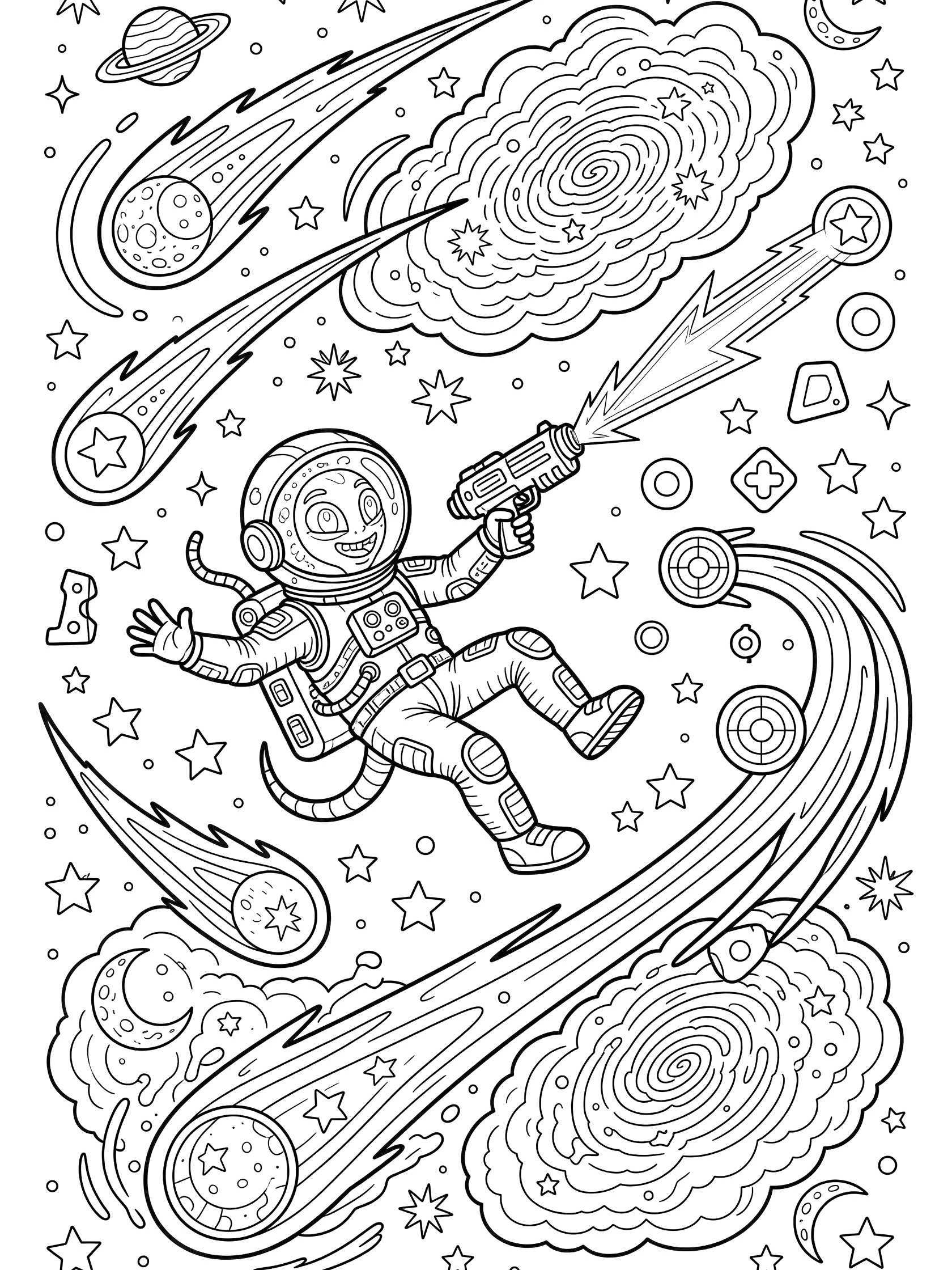 Line art coloring page showing an alien astronaut in zero-gravity, happily firing a laser blaster with comet trails, stars, nebula, and floating shapes in space.