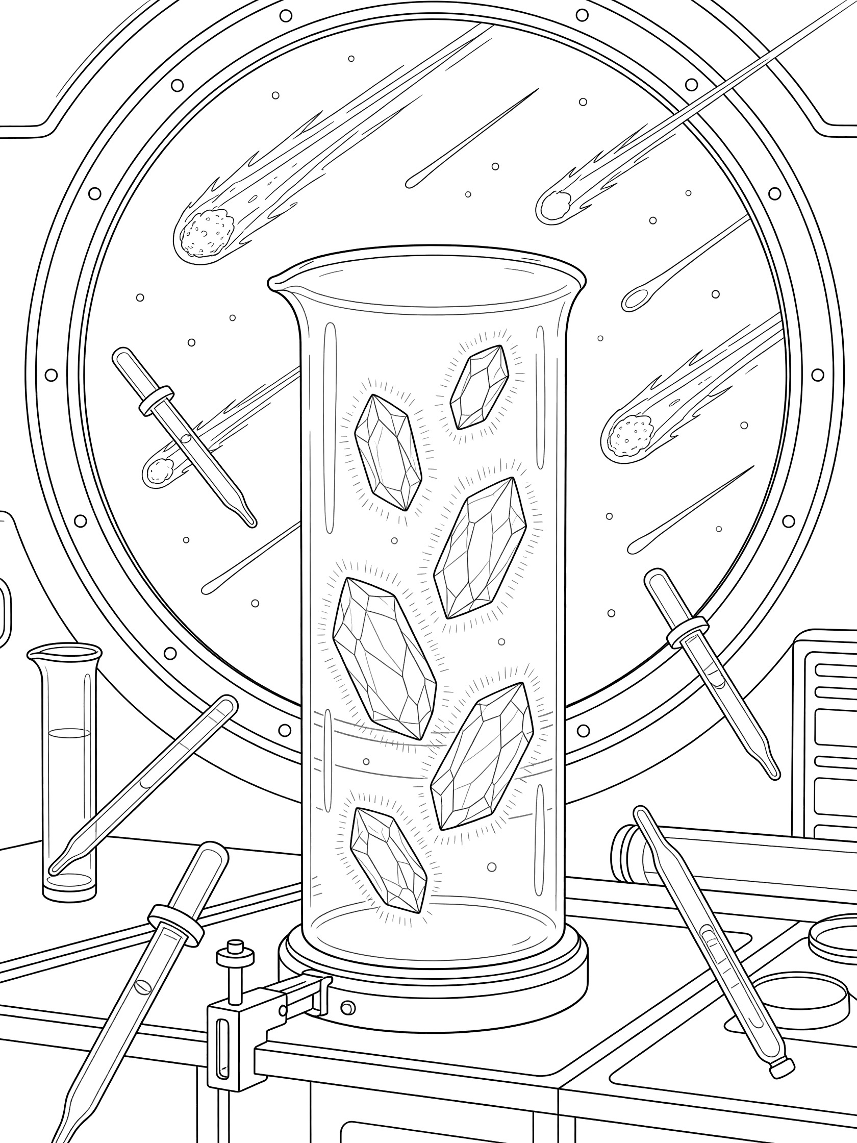 Black and white line art of a beaker with luminous space crystals dissolving in a floating zero-gravity lab, pipettes and tools nearby, comets in space view