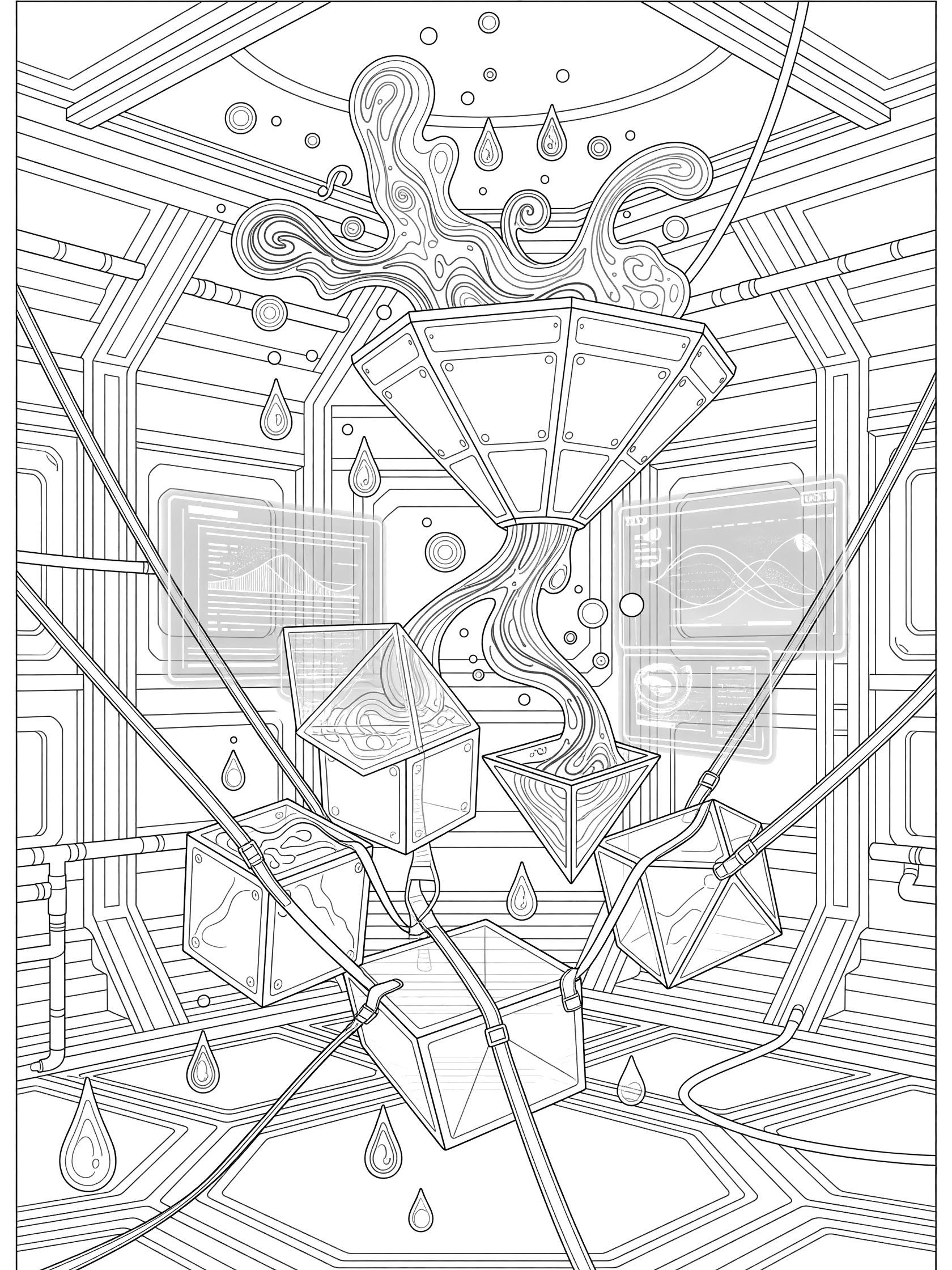 Line art coloring page showing a sci-fi funnel experiment in zero gravity, with liquids swirling into floating geometric containers tethered in a lab chamber.