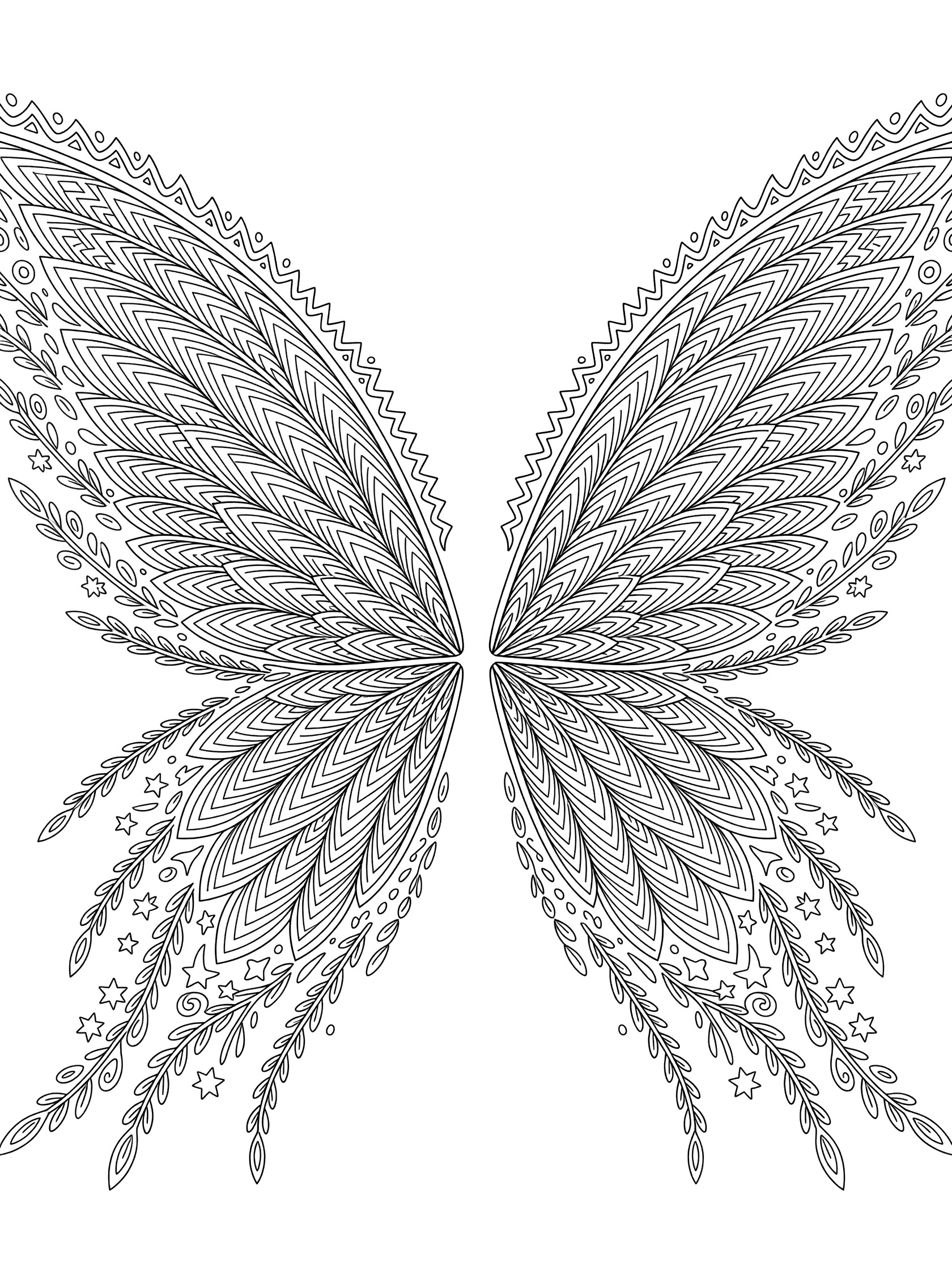 Black and white line art of enormous fairy wings built from interlocking zigzags and geometric feathers, with swirling tendrils on a white background.