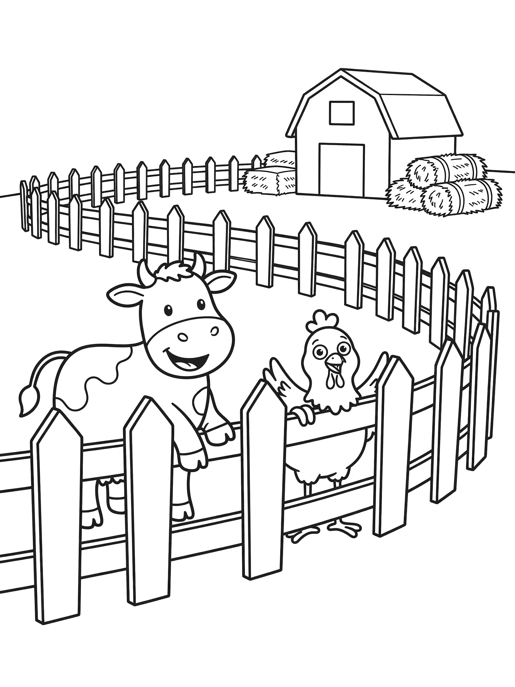 Black and white coloring page of a playful zigzag fence with cow and chicken peeking over, barn and hay bales in the background