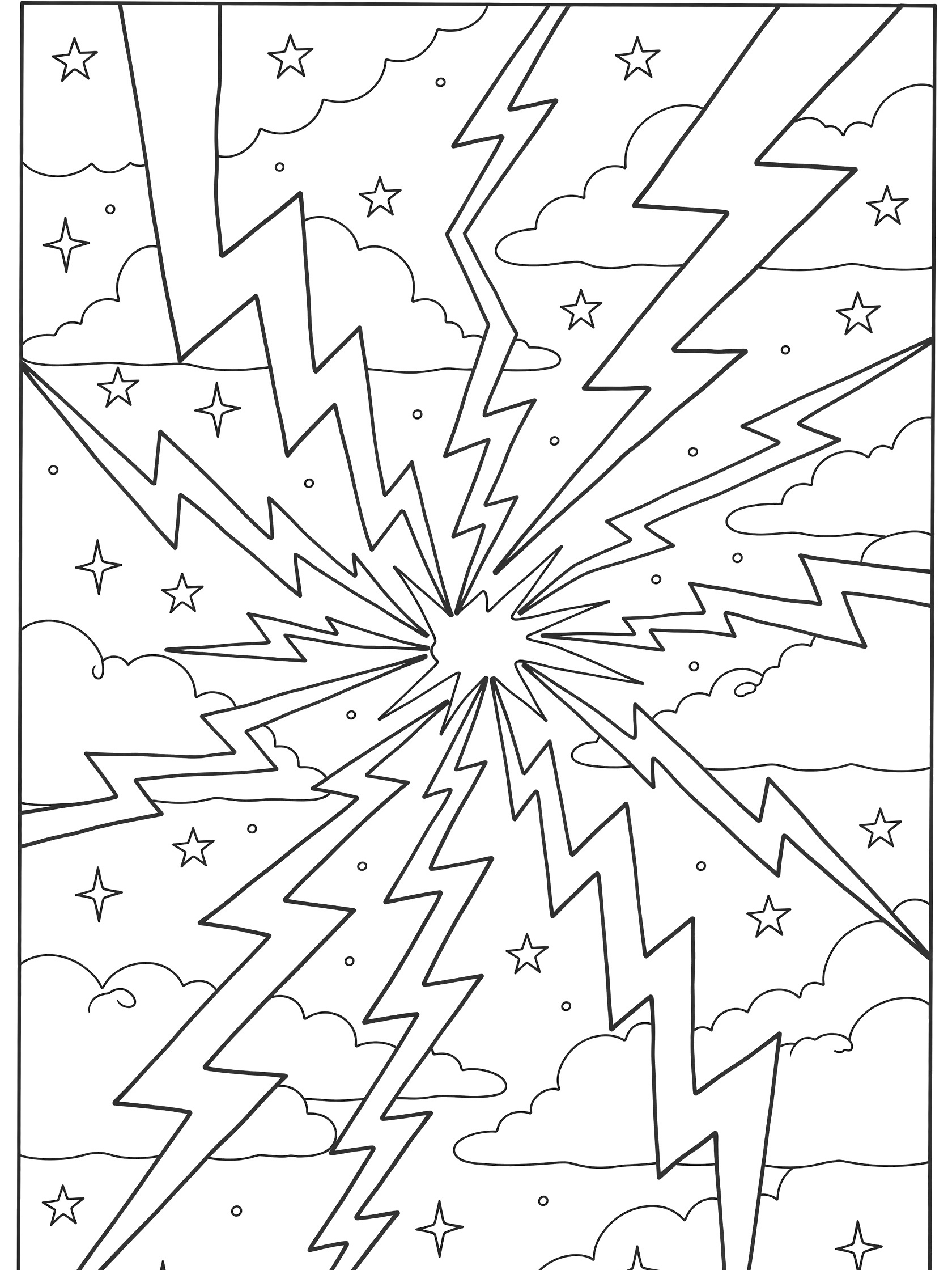 Black and white coloring page showing bold zigzag lightning bolts crisscrossing a fantasy sky with clouds and stars
