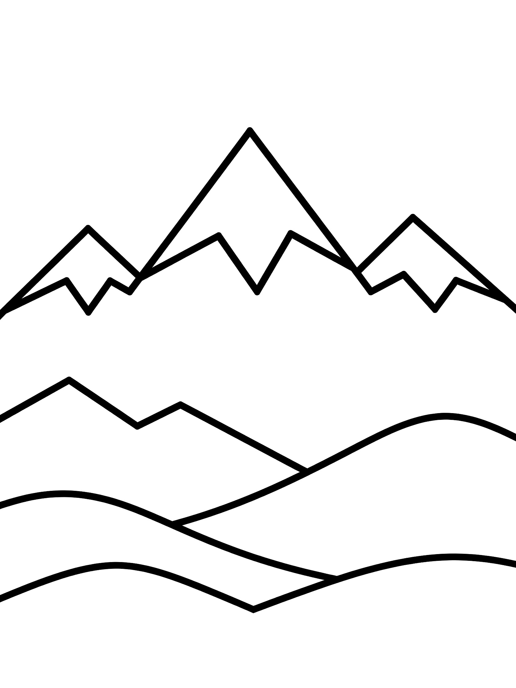 Black and white coloring page of majestic mountains and hills formed by repeating zigzag lines with clean outlines.