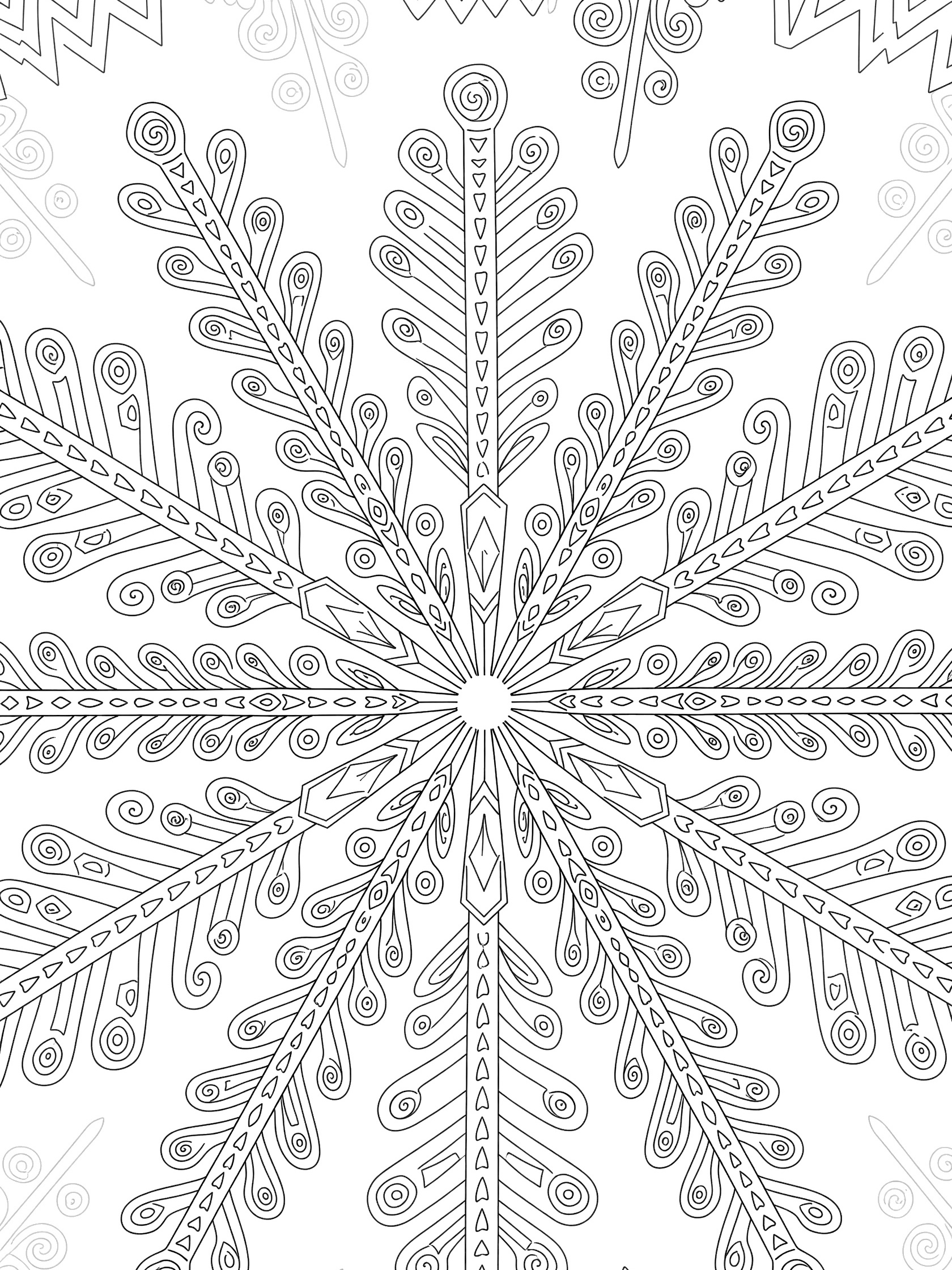 Black and white line art of a symmetrical zigzag snowflake mandala with radiating arms, curved branches, and doodle patterns from a central core.