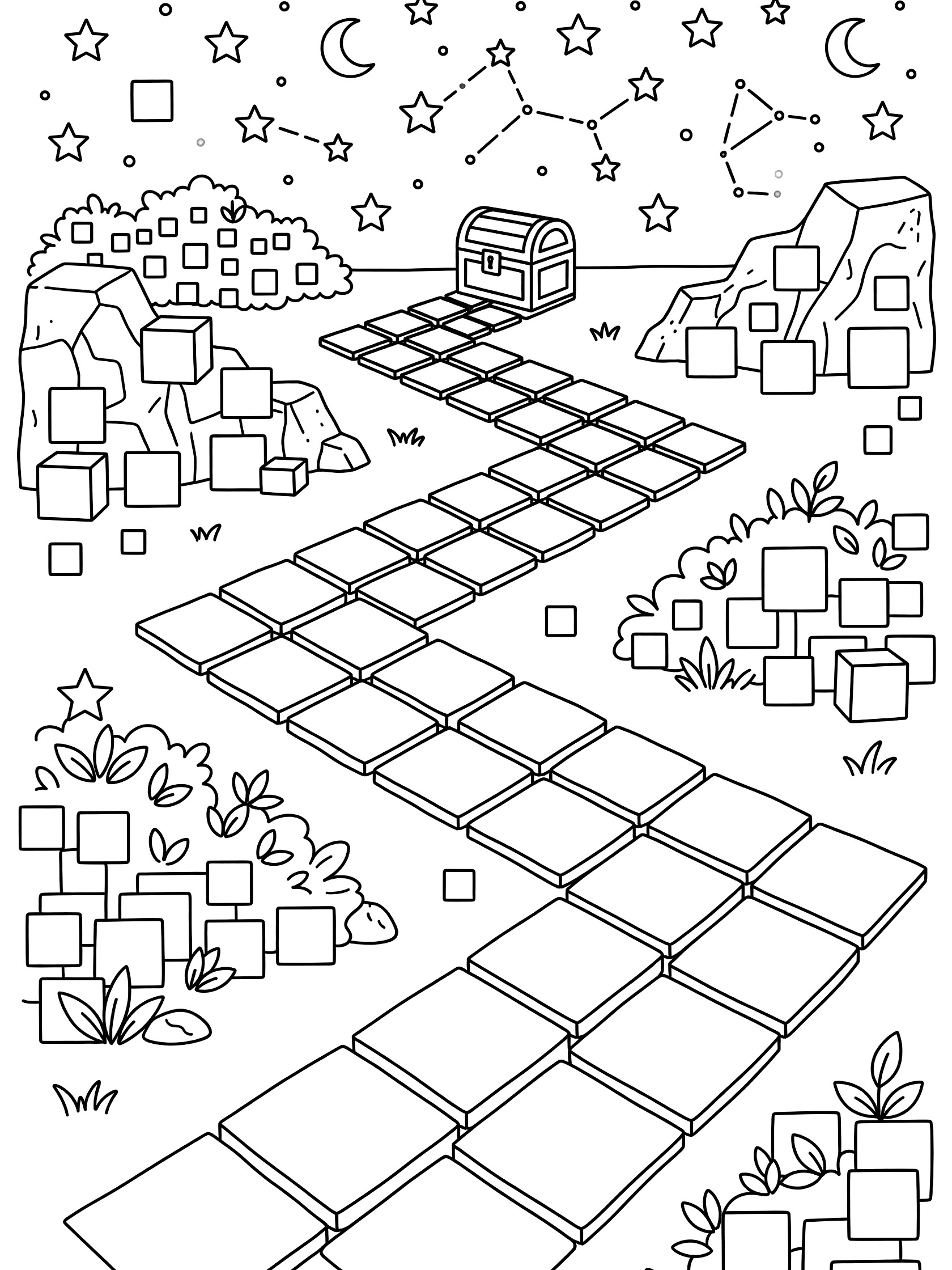 Black and white line art coloring page of a zigzag pathway from squares twisting to a treasure chest, with square bushes, rocky outcrops, and starry square sky.