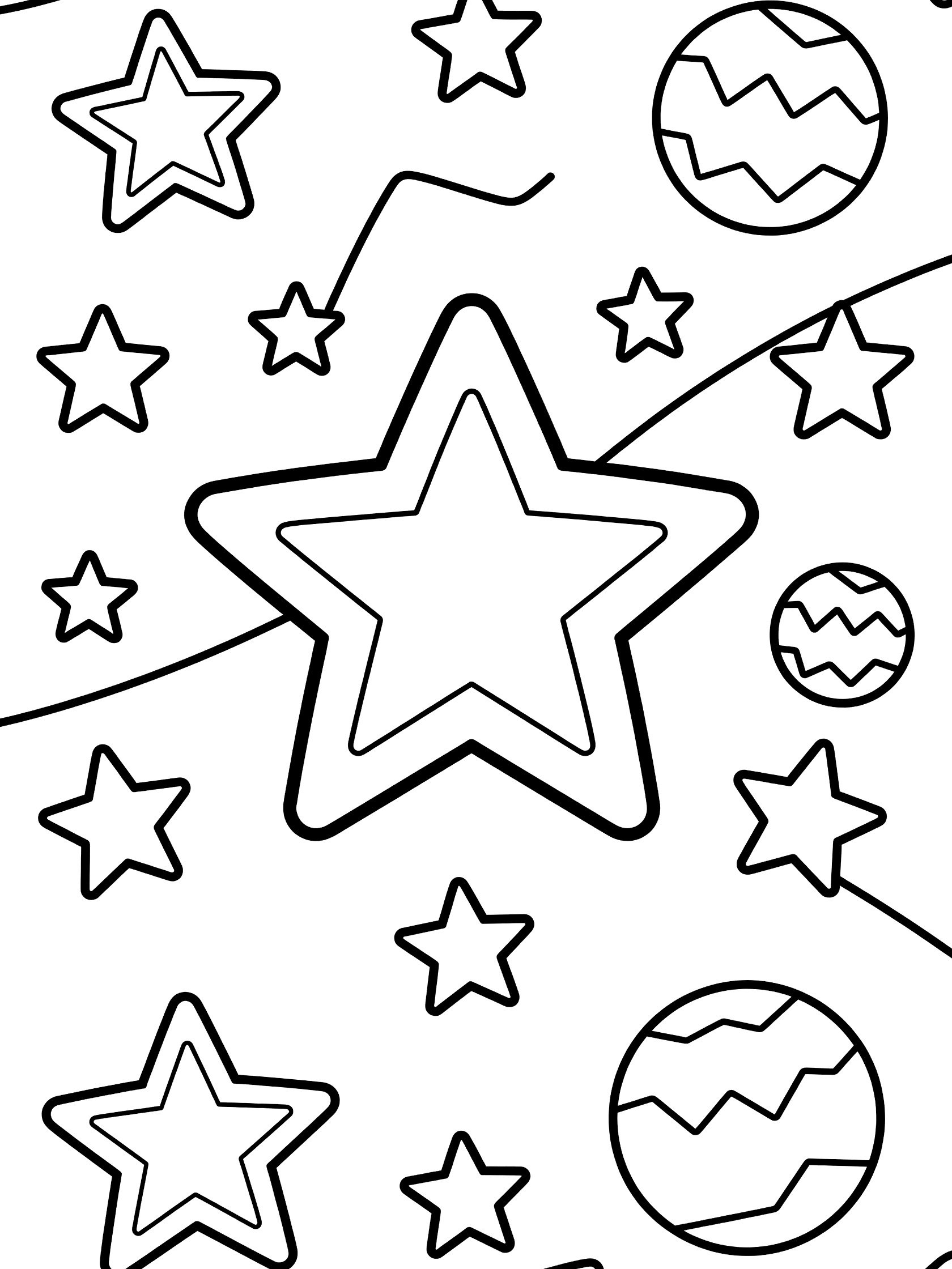 Black and white coloring page of large zigzag stars and geometric planets in outer space, with clean bold outlines for easy coloring.