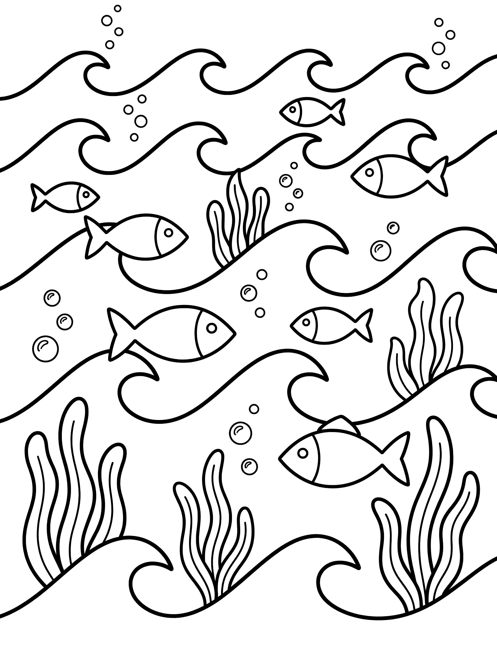 Black and white coloring page of bold zigzag waves in the ocean with geometric fish swimming, seaweed, and bubbles