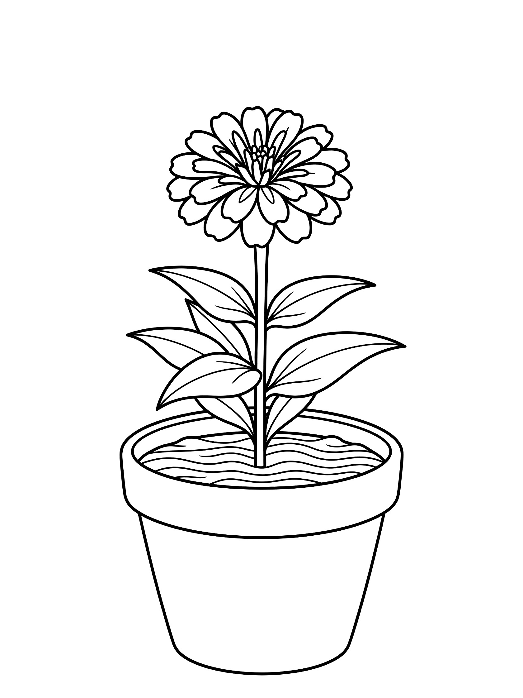 Black and white coloring page of a single zinnia flower on a straight stem with broad leaves growing from a round pot with soil lines.
