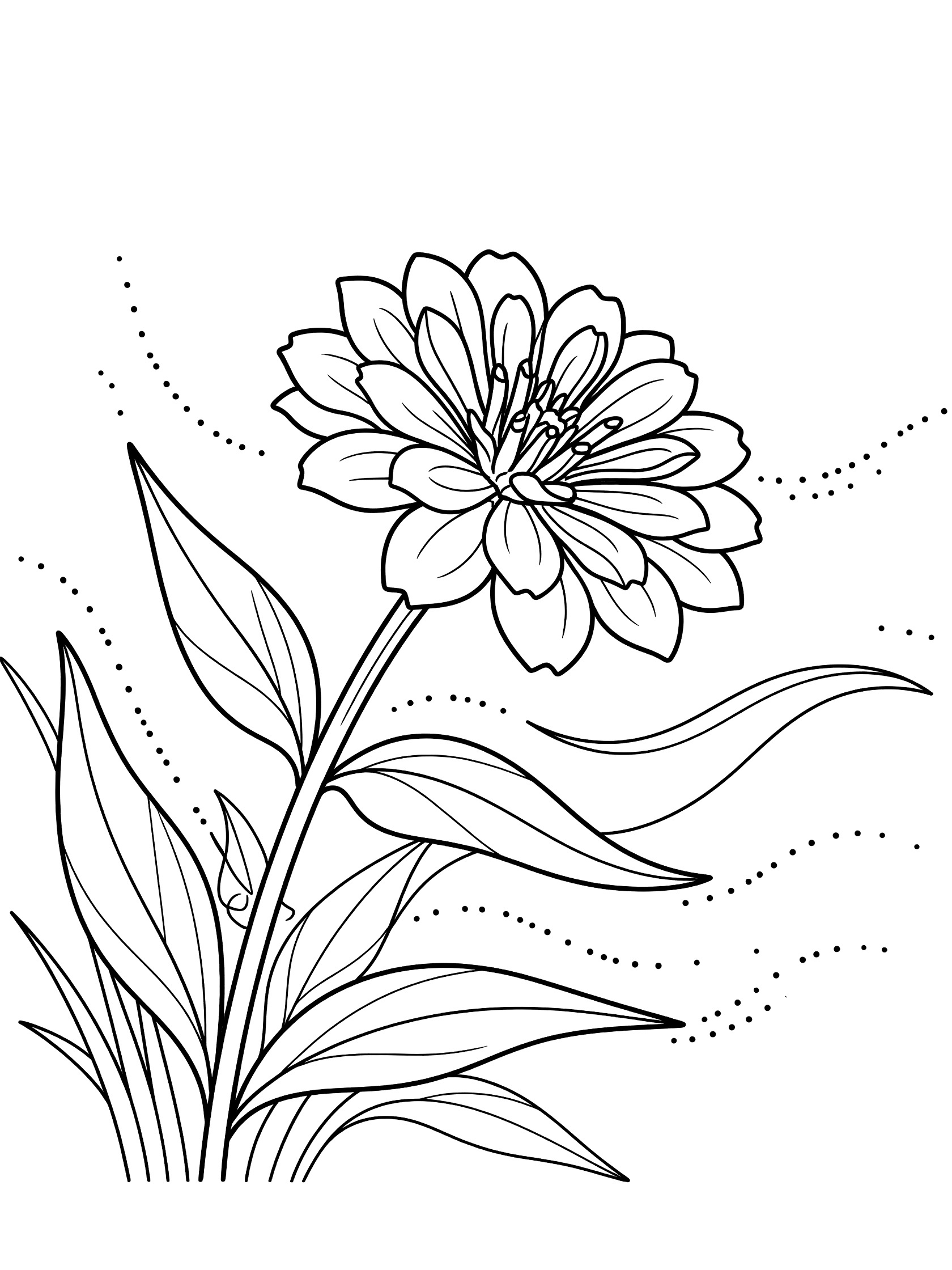 Black and white coloring page of a zinnia flower with layered petals, long leaves, and dotted wind lines on a white background