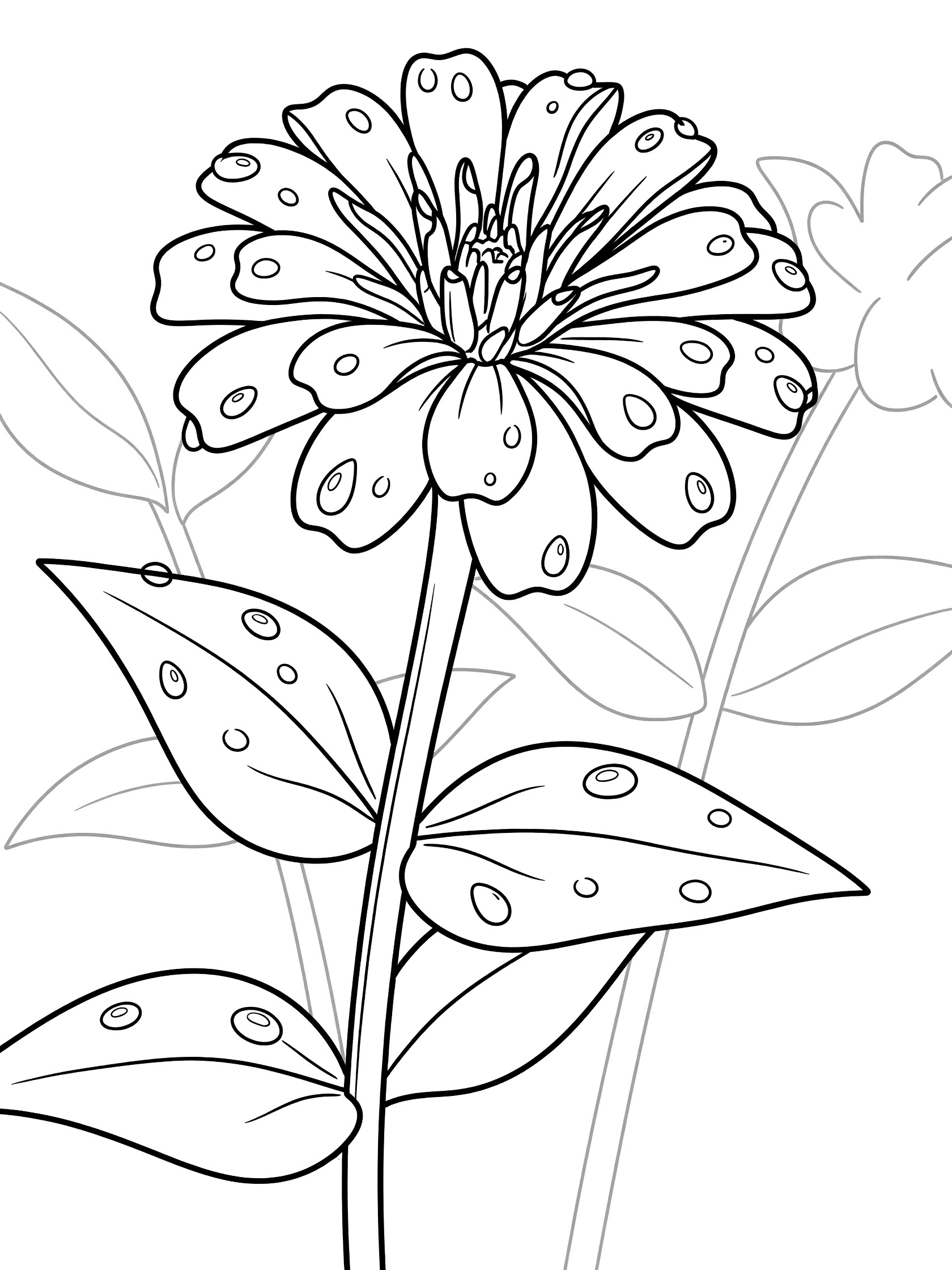 Black and white line art coloring page showing a zinnia flower with dew drops on curling petals and leaves, gentle bending stem, pure white background