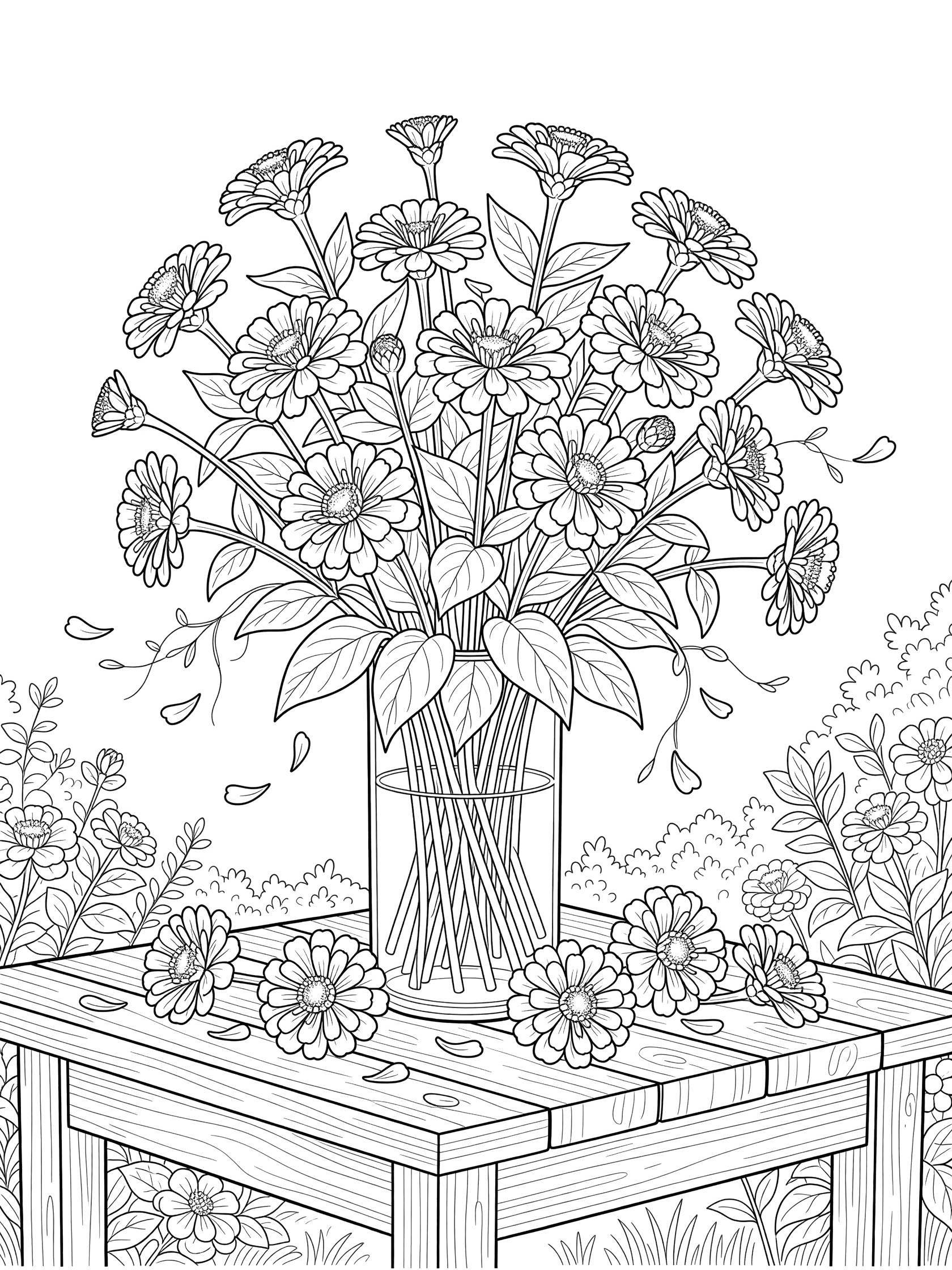 Black and white line art of a bouquet of zinnia flowers in a clear glass vase on a wooden table, with scattered petals and leaves.