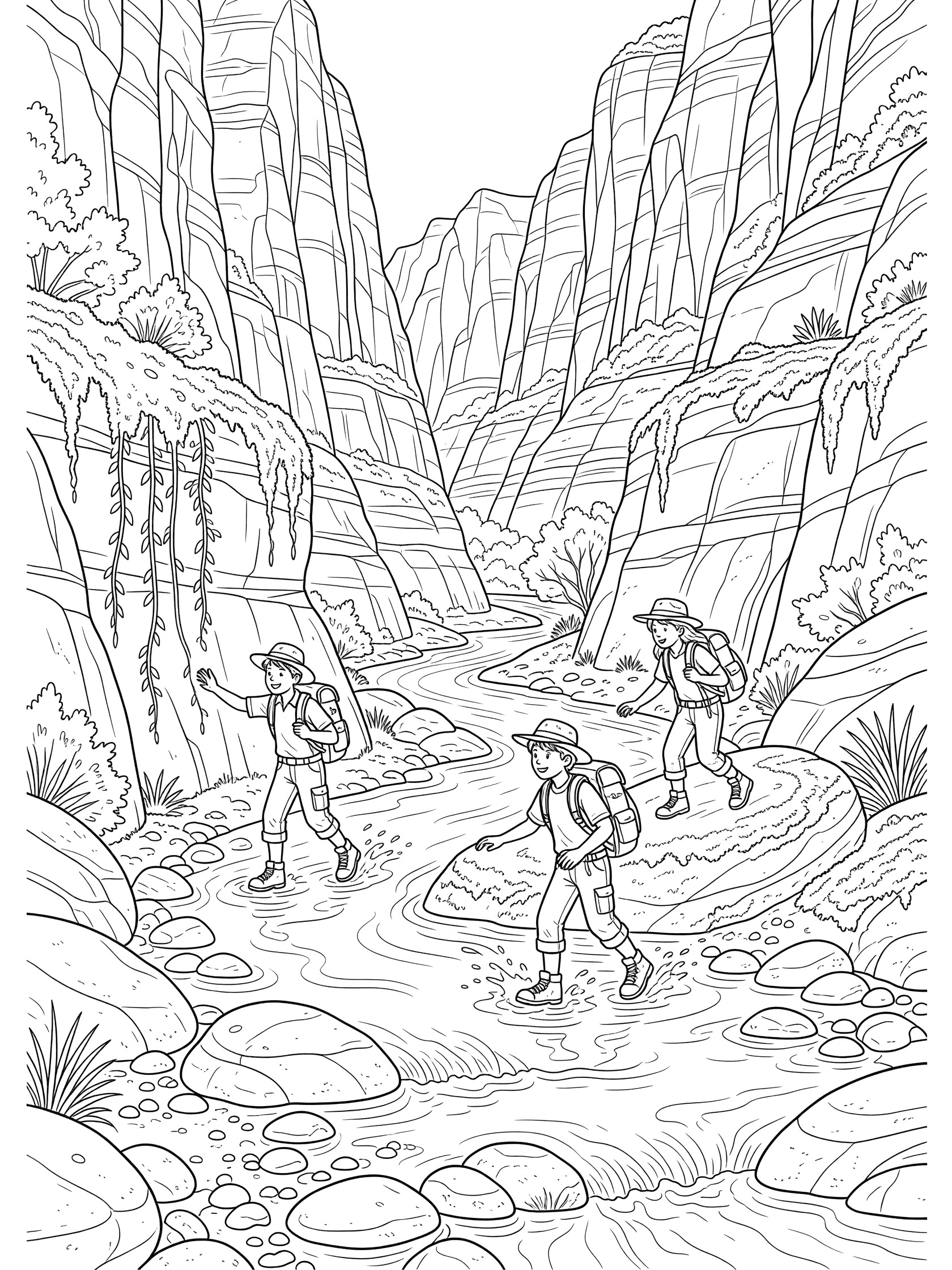 Black and white line art of Zion Canyon narrow passage with three young explorers in hats and backpacks wading in a shallow river between steep sandstone walls, vines, mossy rocks, and canyon layers.