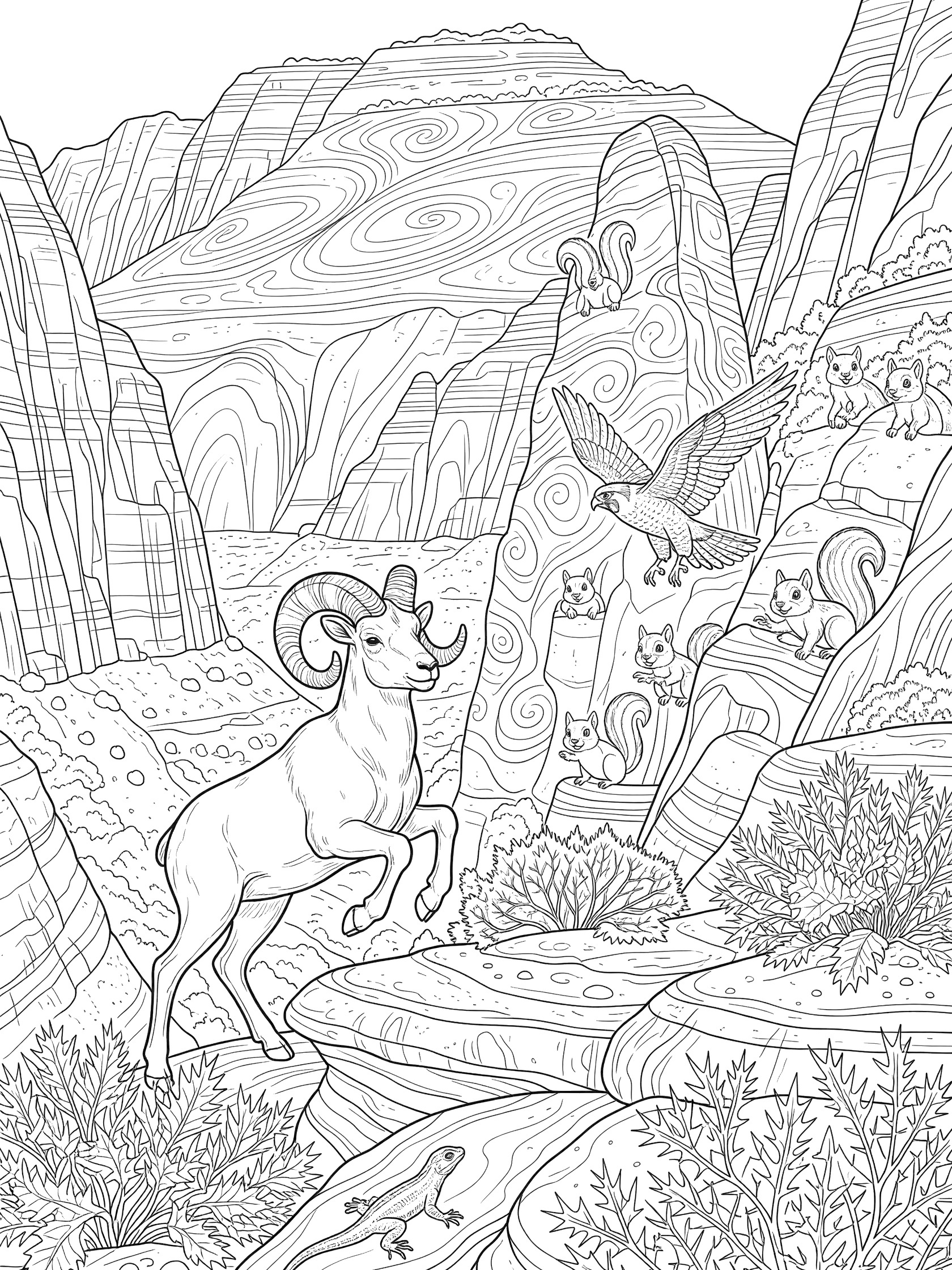 Black and white line art coloring page showing bighorn sheep leaping on Zion Canyon rocky ledge, falcon gliding, squirrels in crevices, lizard on sandstone, and layered canyon cliffs.