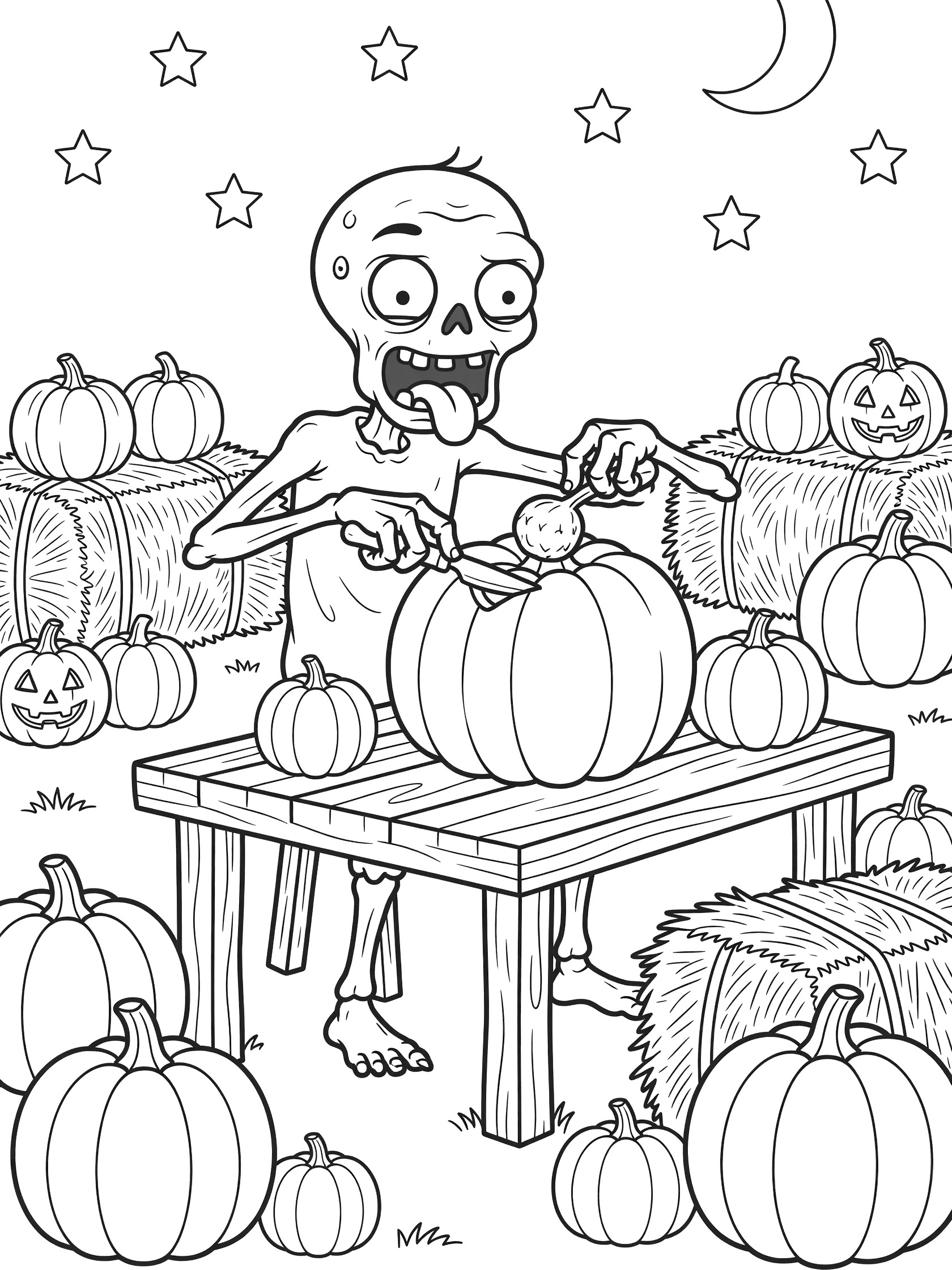 Friendly zombie with goofy smile carving pumpkin on table surrounded by small pumpkins and hay bales in starry Halloween night sky coloring page
