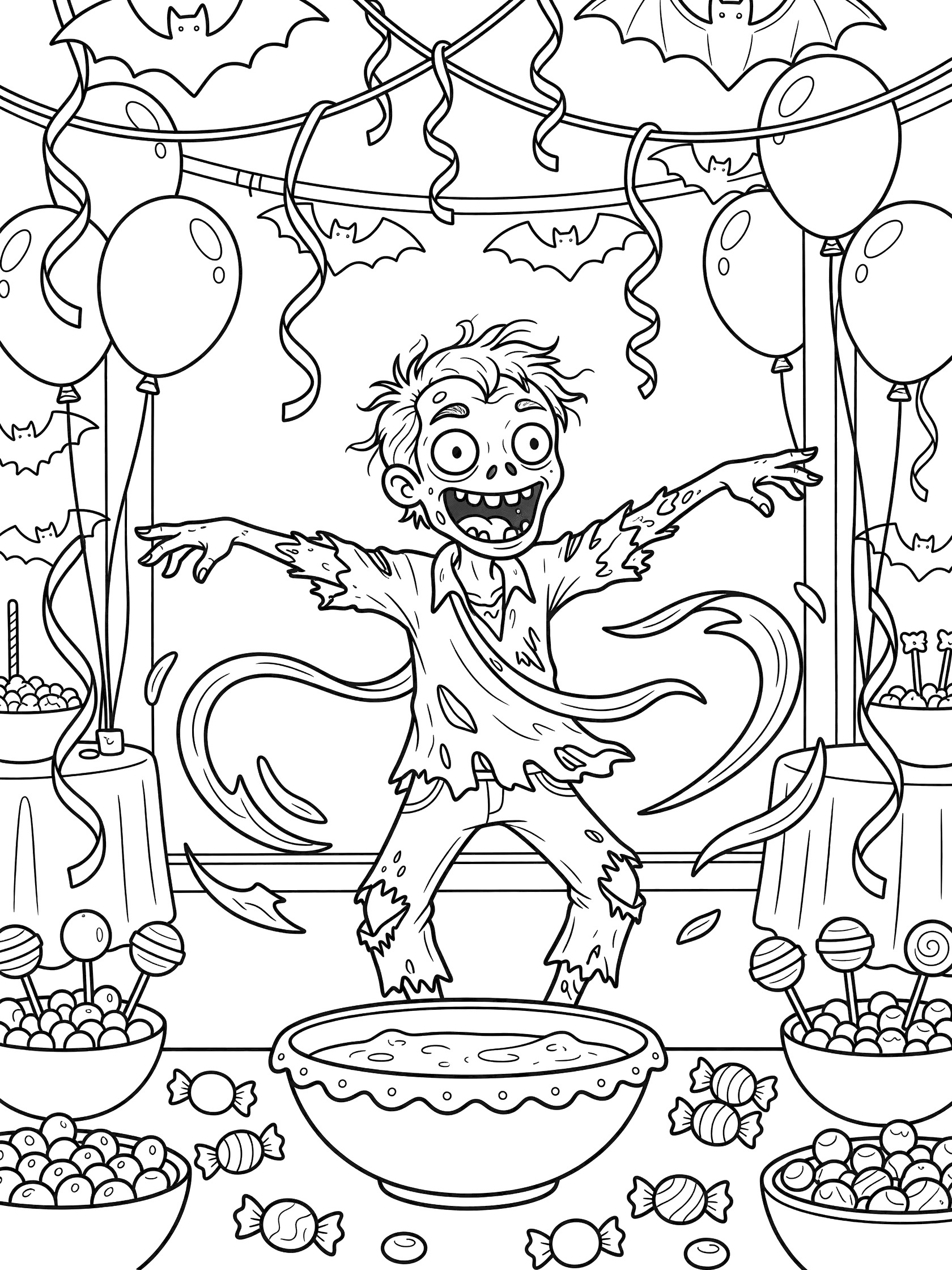 Cheerful zombie twirling and dancing joyfully at a decorated Halloween party coloring page with bats, balloons, streamers, punch bowl, and candy.