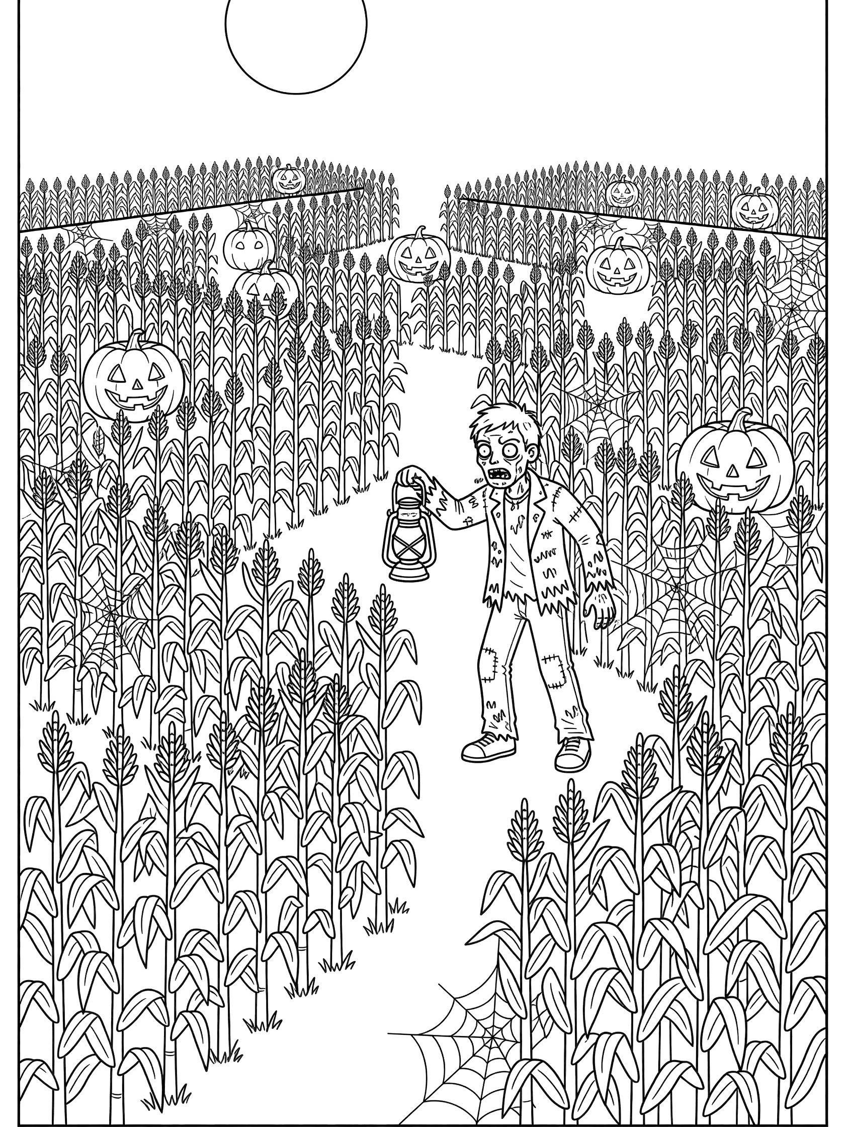 Black-and-white line art coloring page showing a zombie holding a lantern in a Halloween corn maze with cornstalks, jack-o-lanterns, spiderwebs, and full moon.