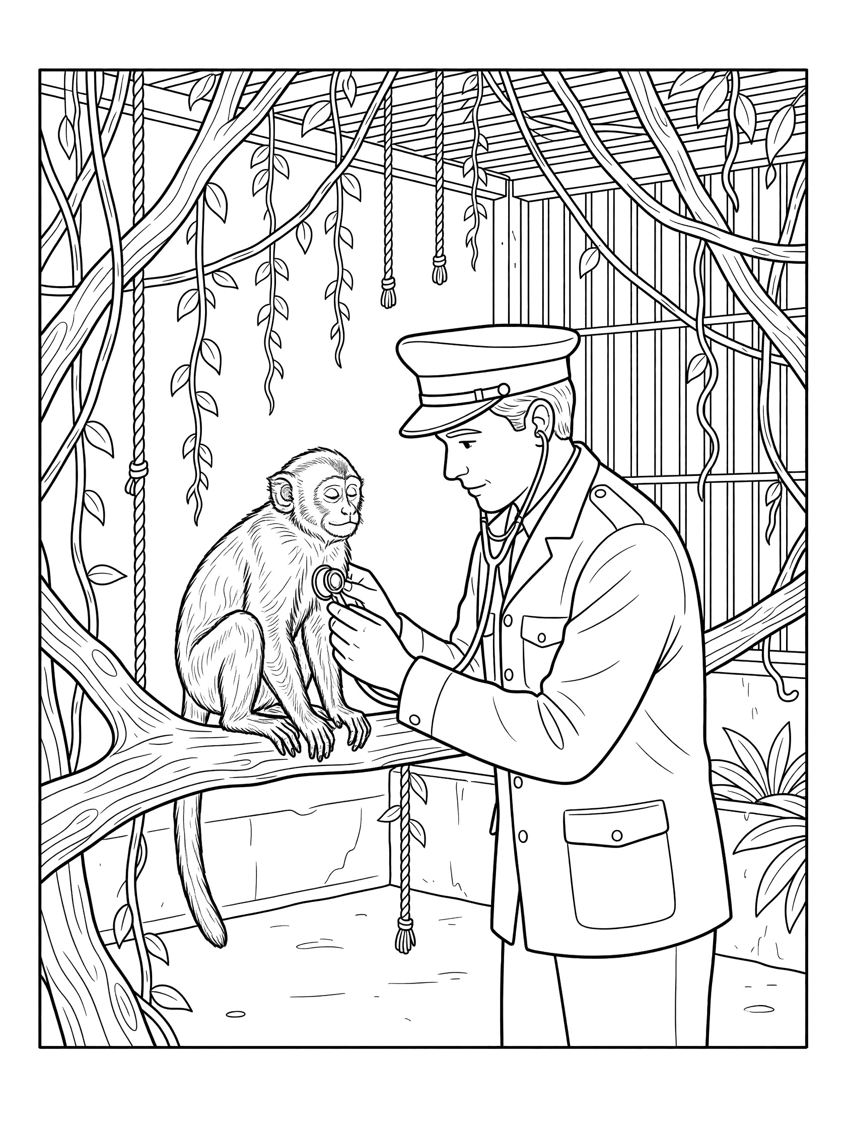 Black and white line art of zookeeper in uniform listening to a calm monkey's heart with stethoscope on a branch, surrounded by vines and ropes in zoo habitat.