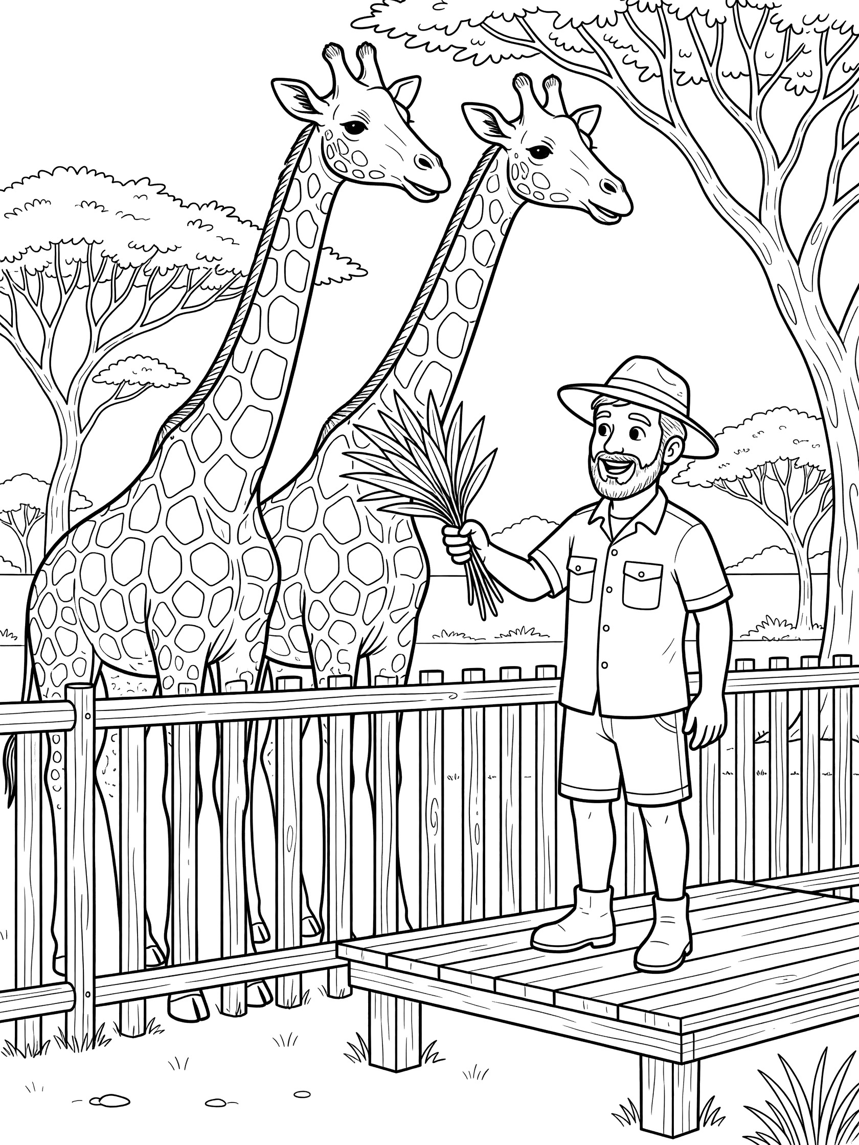 Zookeeper in hat and shorts standing on wooden platform holding leaves for two giraffes stretching necks over wooden fence in zoo enclosure with acacia trees.