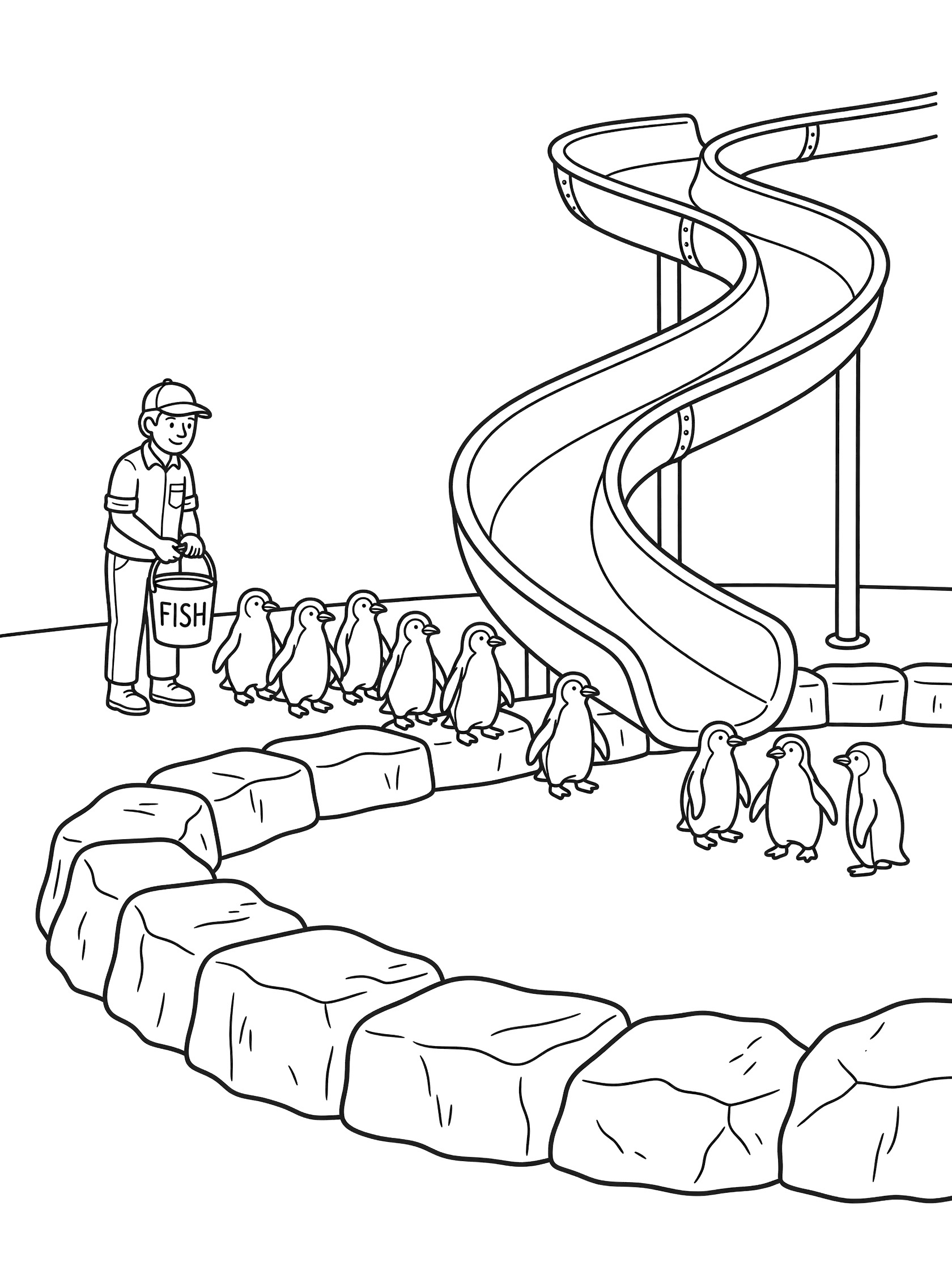 Black and white line art of zookeeper guiding a line of penguins to water slide, holding fish bucket, poolside with ice and rocks