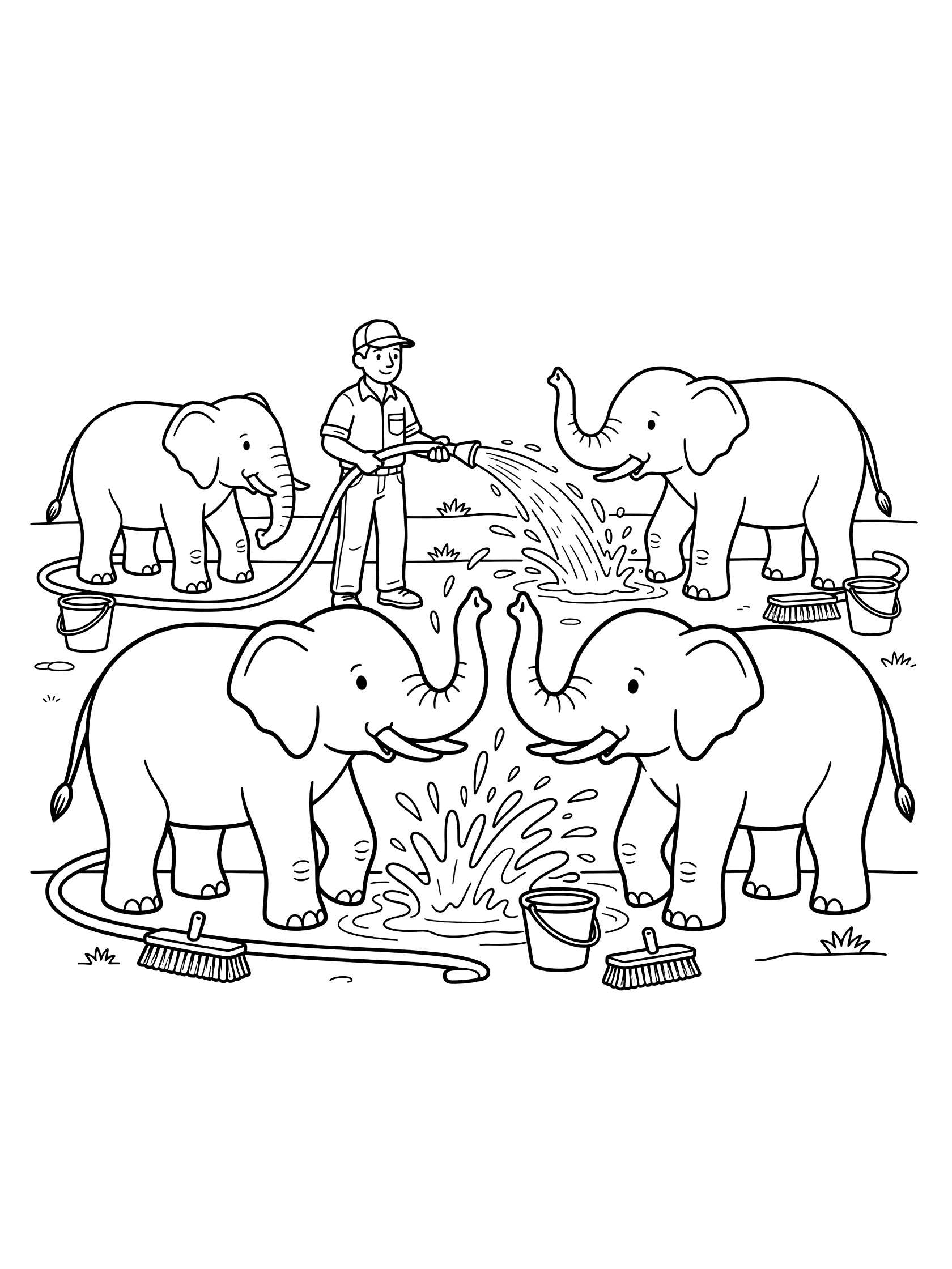 Black and white line art of a zookeeper using a hose to wash two elephants that splash water with trunks. Buckets and brushes on the ground.