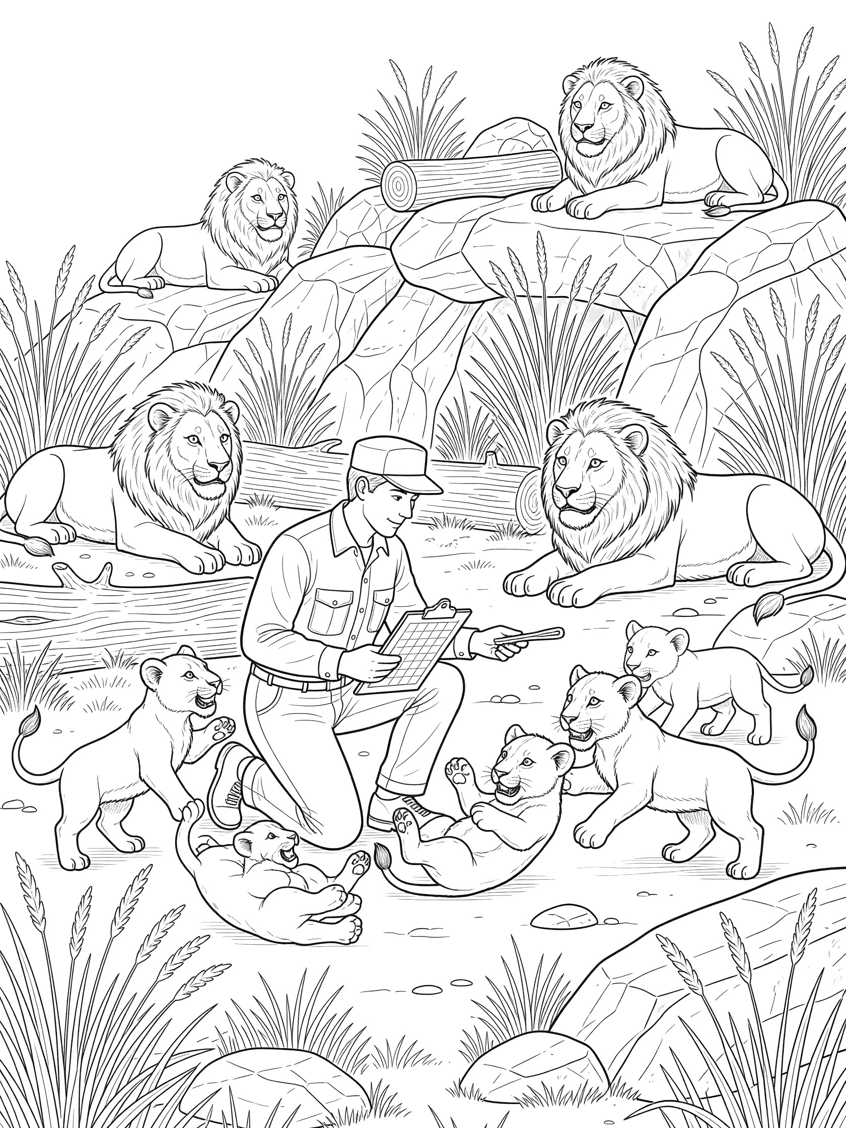 Black and white line art of a zookeeper in uniform kneeling with clipboard near tumbling lion cubs, adult lions, rocks and grass in zoo enclosure.