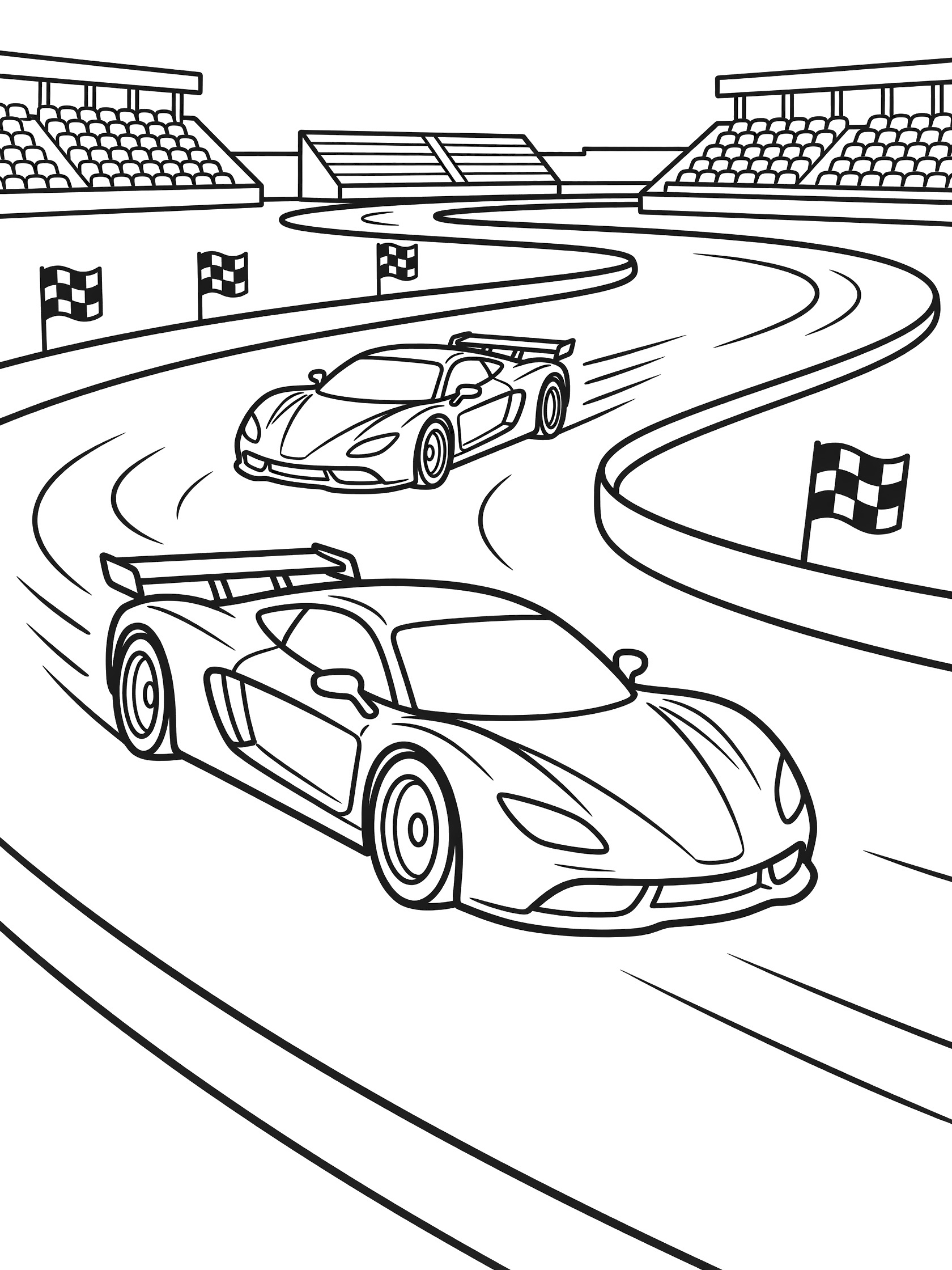 Black and white coloring page showing two race cars leaning into a turn on a curvy track with motion lines, checkered flags, and distant grandstands under a clear sky.